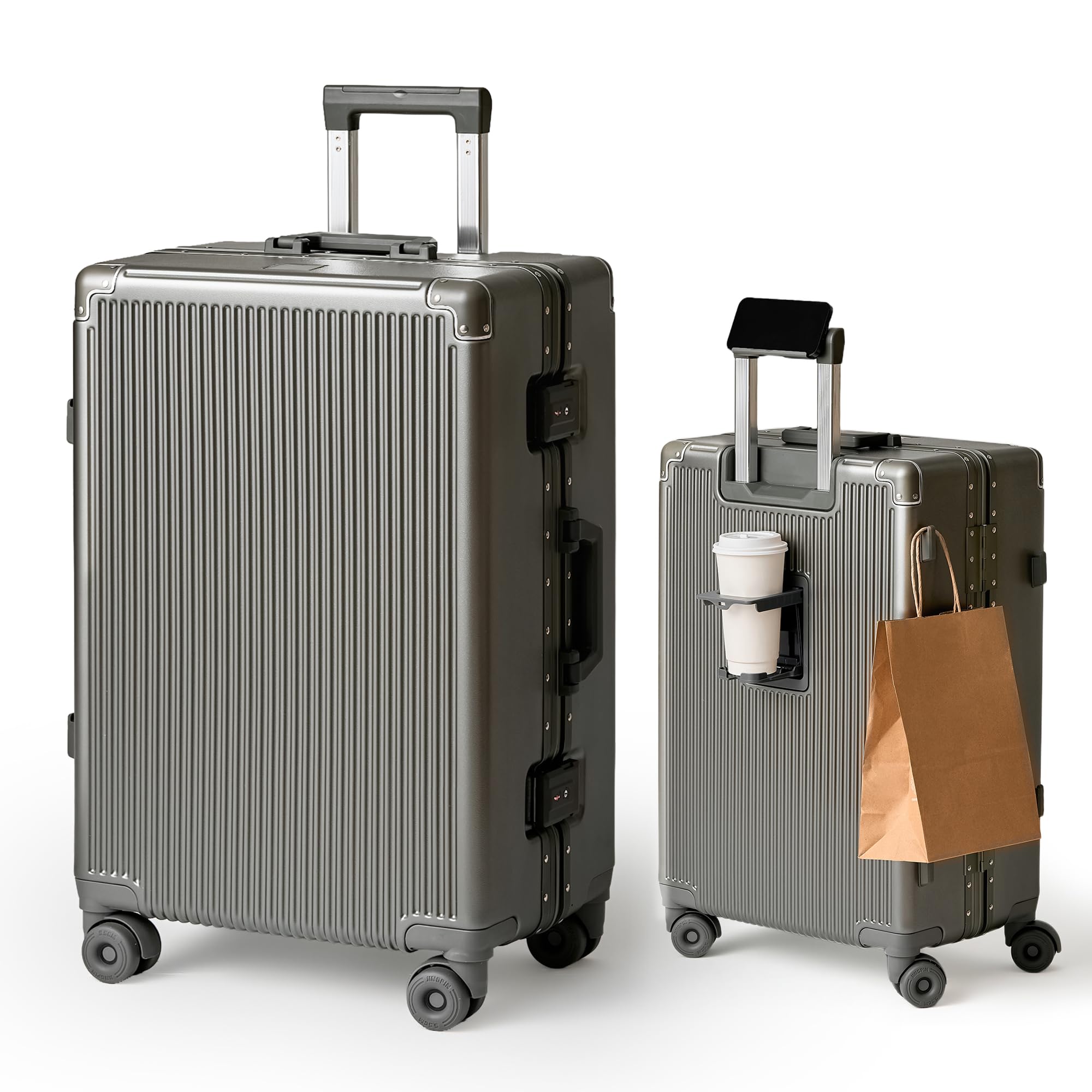 樂天商城 - [Yuweijie] 進化形！ スーツケース 大型 ワンタッチ式カップホルダー キャリーケース 超軽量アルミフレーム 静音ダブルキャスター 大容量スーツケース 機内持ち込み対応 TSAロック 疲れない設計 ビジネス 旅行 入学祝い おしゃれ Sサイズ グレ