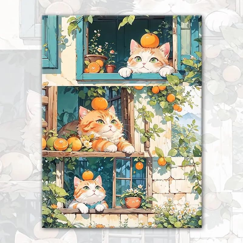 Rakuten - LEADINTOP ダイヤモンドアート 四角いビーズ 40x50cm スクエアビーズ モザイクアート 初心者向け 子供 DIY 大人 手芸 かわいい アート装飾 プレゼント用 (窓辺の猫とオレンジ 1)