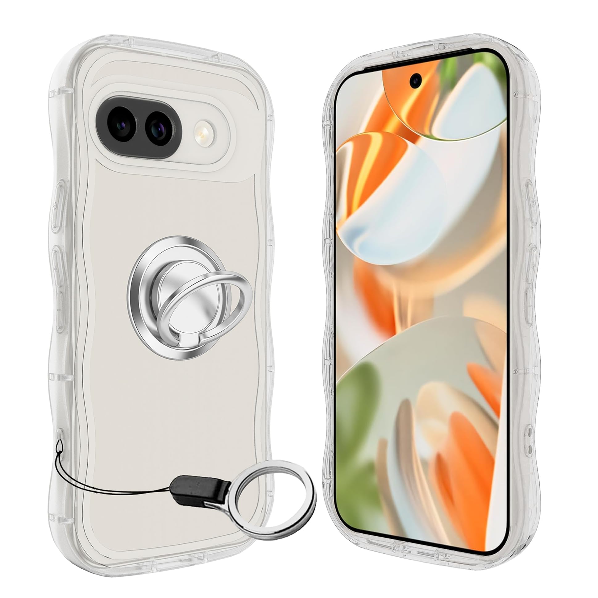 Google Pixel 9A ケースクリア ウェーブ リング付き グーグル ピクセル9A TPU波状のバンパー 透明 スマホケース かわいい うねうね グーグル ピクセル9A ウェーブ デザイン 可愛い 韓国 女性用 薄型 人気 おしゃれ 耐衝撃 ストラ