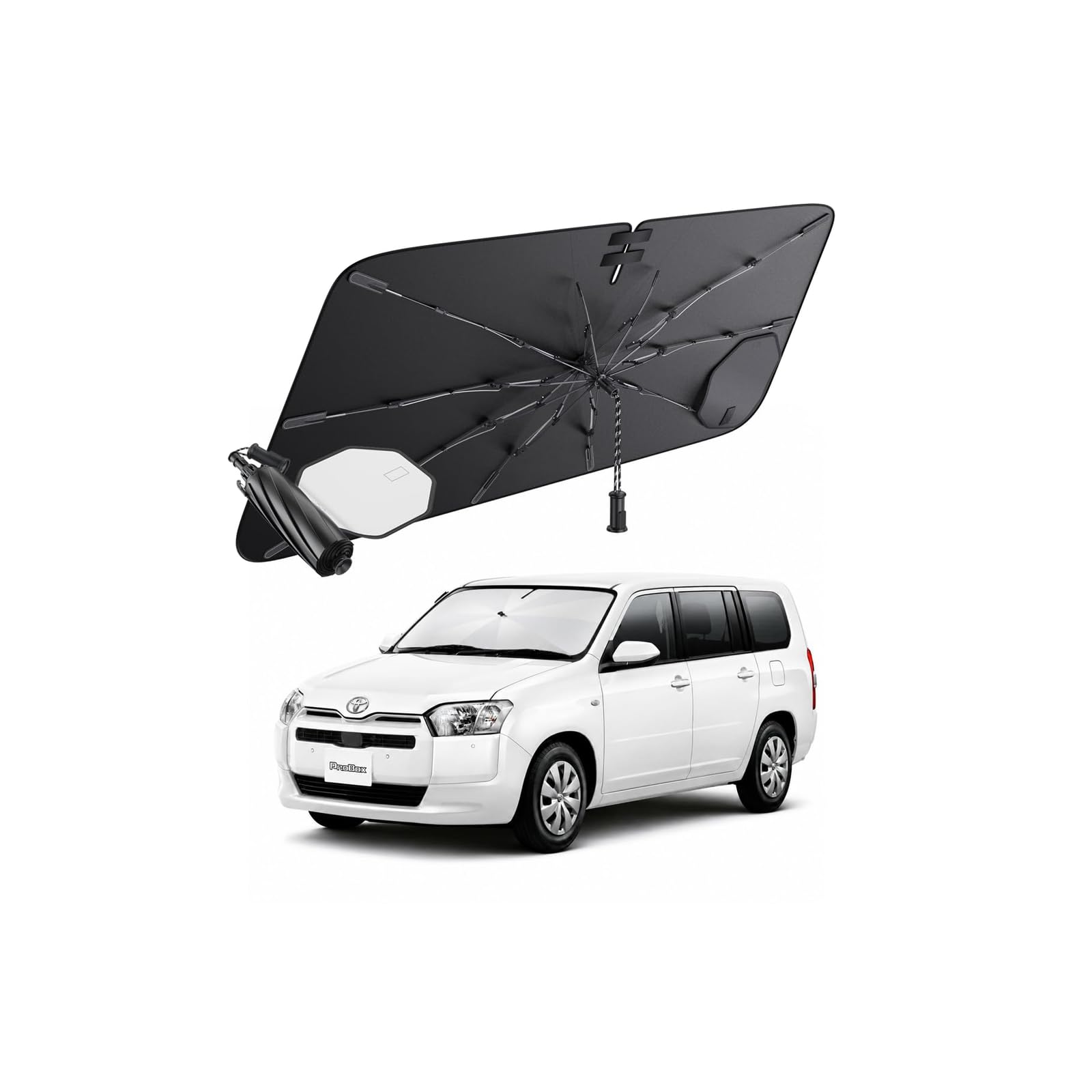 Rakuten - [2026 革新設計] トヨタ プロボックス 専用 傘型サンシェード フロント NCP160V NCP165V 収納式ハンドル インテリア保護 日よけ UVカット遮光 断熱 車中泊 プライバシー保護 ワンタッチ収納 専用設計 トヨタ アクセサリー