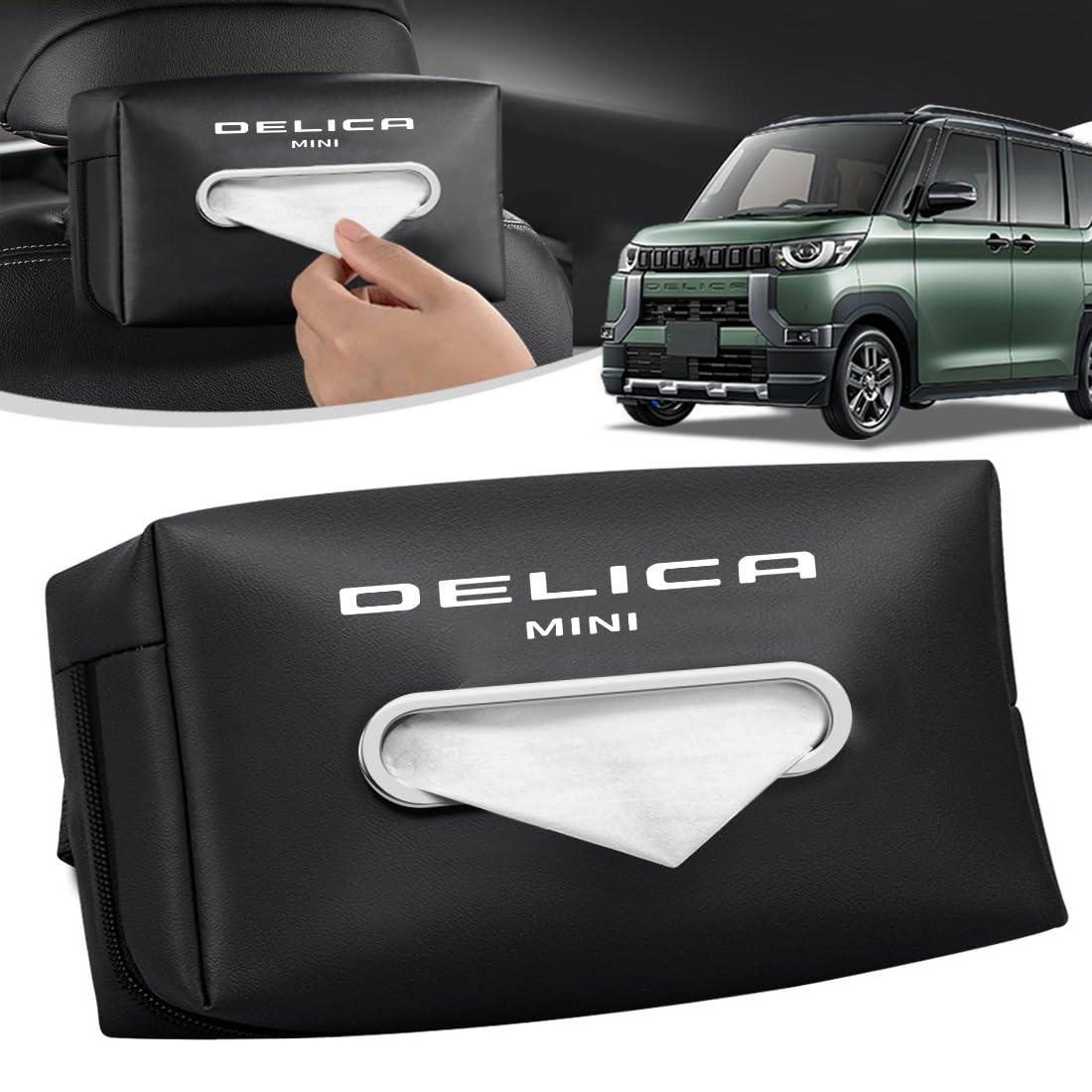 樂天商城 - LUTU 新型デリカミニ 全シリーズ適用 デリカミニカスタム 車用ティッシュケース ティッシュホルダー 収納ボックス 全ティッシュ入り可能 専用カスタム レザー材質 豪奢感 片手操作 防水 装着簡単 取り付け簡単 専用ロゴ (デリカミニ)