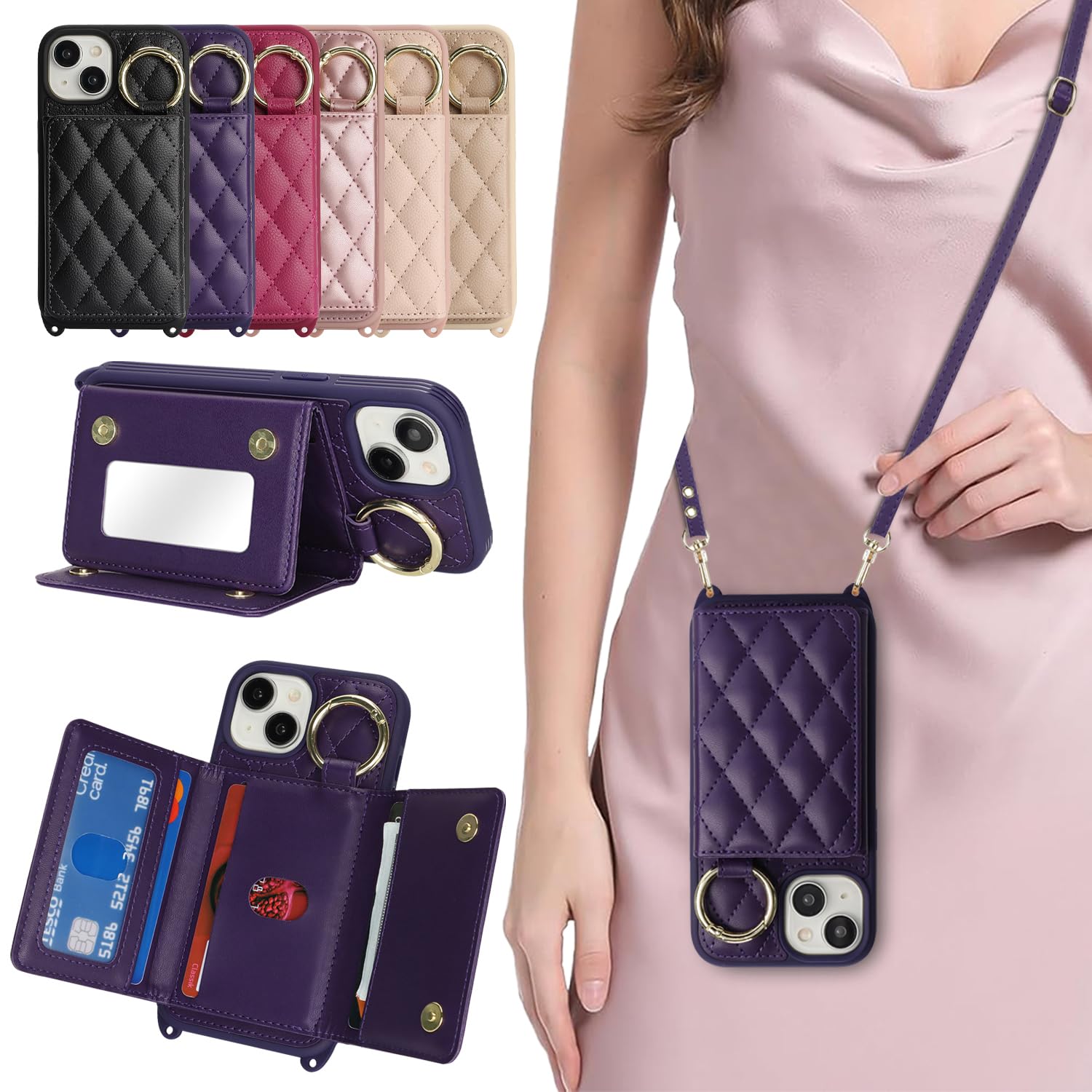 樂天商城 - DEYHU 対応 iPhone 14 ケース ショルダー いpほね13 ケース カード収納 鏡 肩掛け 斜めかけ スマホショルダー アイフォン13 ストラップ付き 耐衝撃 調節可能な 携帯ケース - ダークパープル