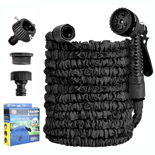 樂天商城 - 伸びるホース 伸縮ホース 散水 ホース 洗車 ノズル のびる リール 伸縮 15m 3倍に伸びる 超軽量 マジック 柔軟性 伸縮性 耐摩擦性 三重構造 7パターン ノズル付き 収納便利 水やり ガーデン 風呂 園芸 花壇 ガーデニング 掃除 庭 (15mま