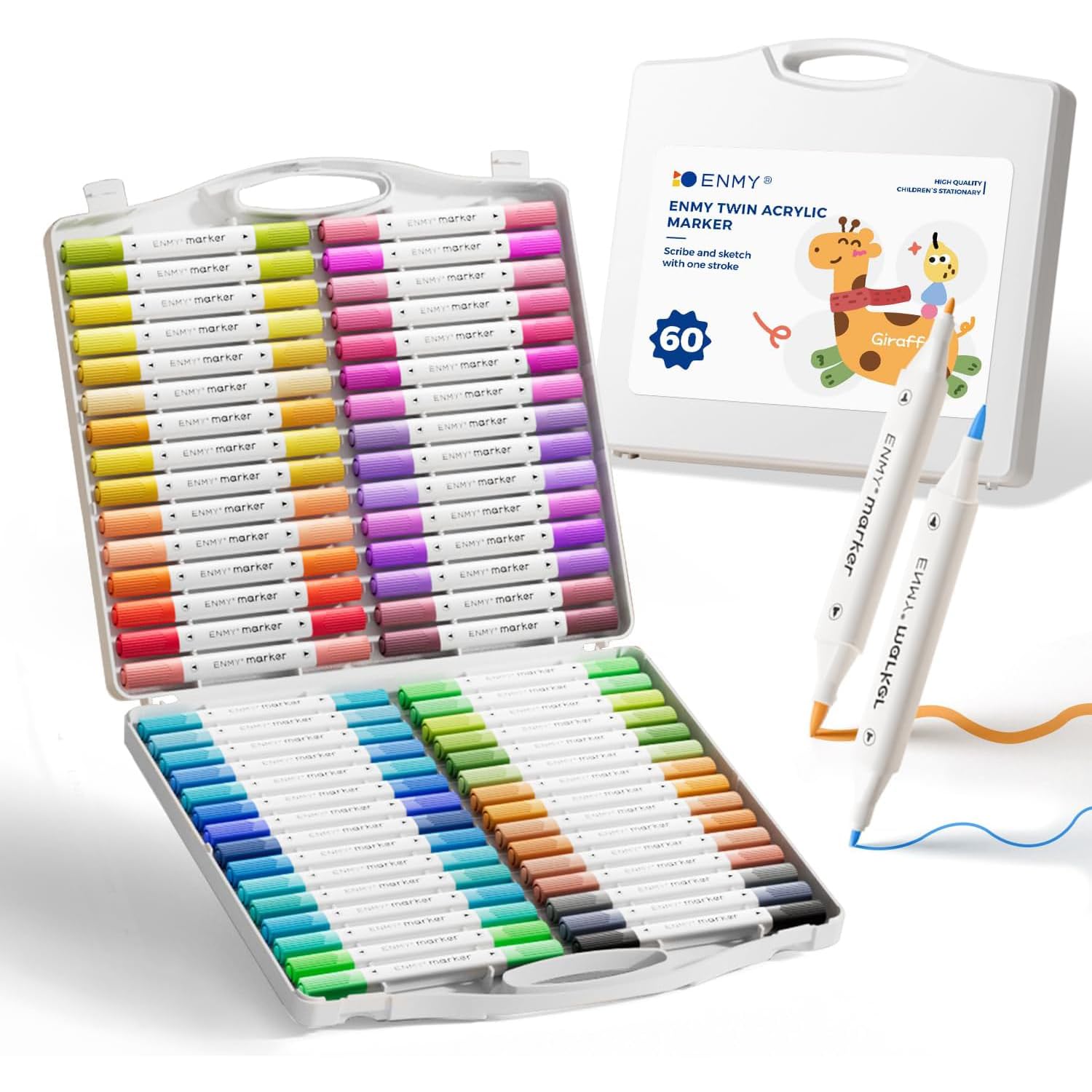 ENMY 60色セット アクリルマーカー 太細両端 イラストマーカー 水性絵の具 アートマーカー 美術 漫画 ファブリック 編み物 キャンバス/ガラス/木 布用ペン テキスタイル用 大人 カラーペン