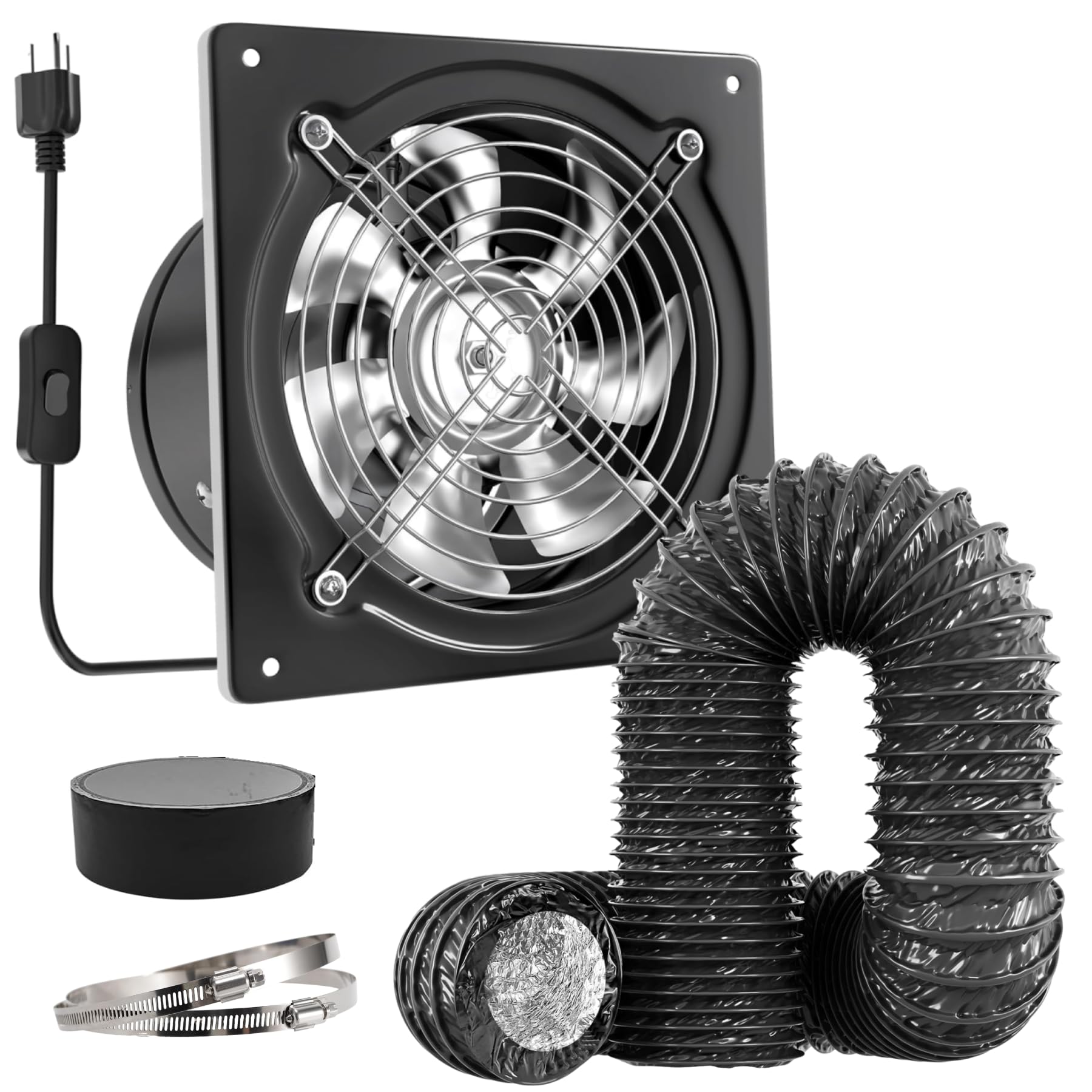 Rakuten - Okryain 換気扇 150mm 大風量 ダクト用換気扇 風量525m・/h 排気セット付き ON/OFFスイッチ 塗装ブース用 金属製 黒