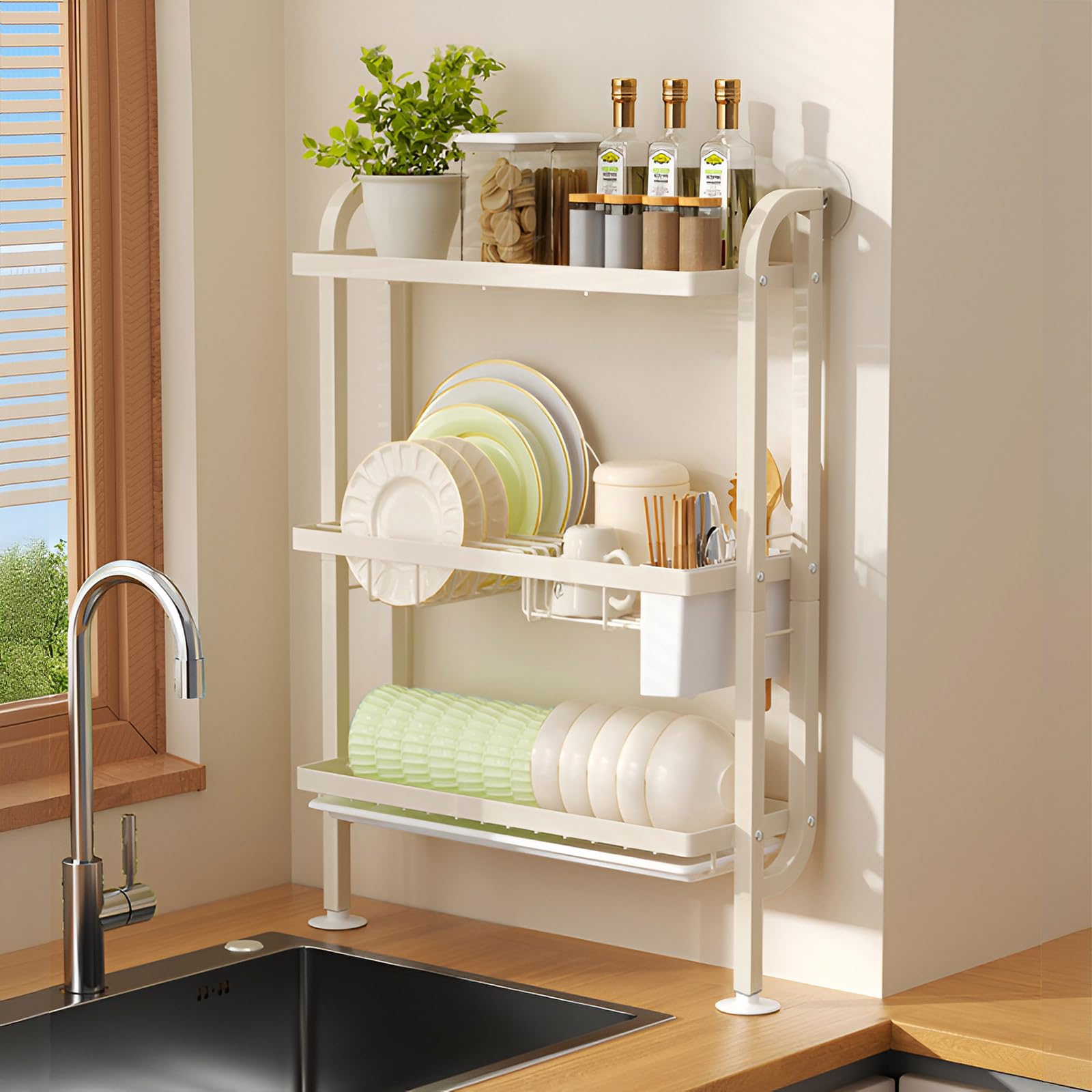 aleawol キッチン 水切りラック 3段 炭素鋼 スリム 食器乾燥かご 箸立て付け 幅45x奥行15.5x高66.5CM 大容量 食器置き場 吸盤固定式 ボウル 皿 カップ 箸 スプーン 雑多な保存瓶用 組み立て簡単（オフホワイト）
