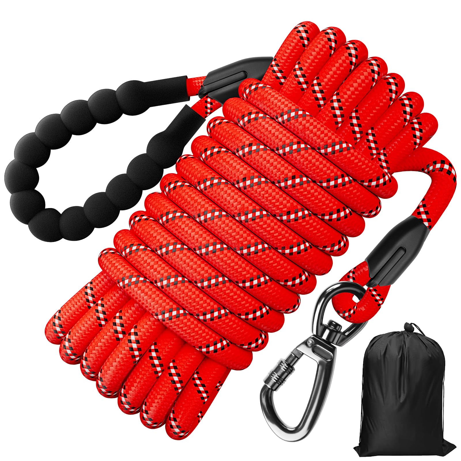 Tresbro 【改良型】 ロングリード 丸ロープ 犬 レッド 15m（太さ8mm）ロック式360°回転できカラビナフック 絡みにくいのトレーニングリード スポンジ取っ手 軽量で屋外の散歩や遊びに最適 小型 中型 大型犬に適用