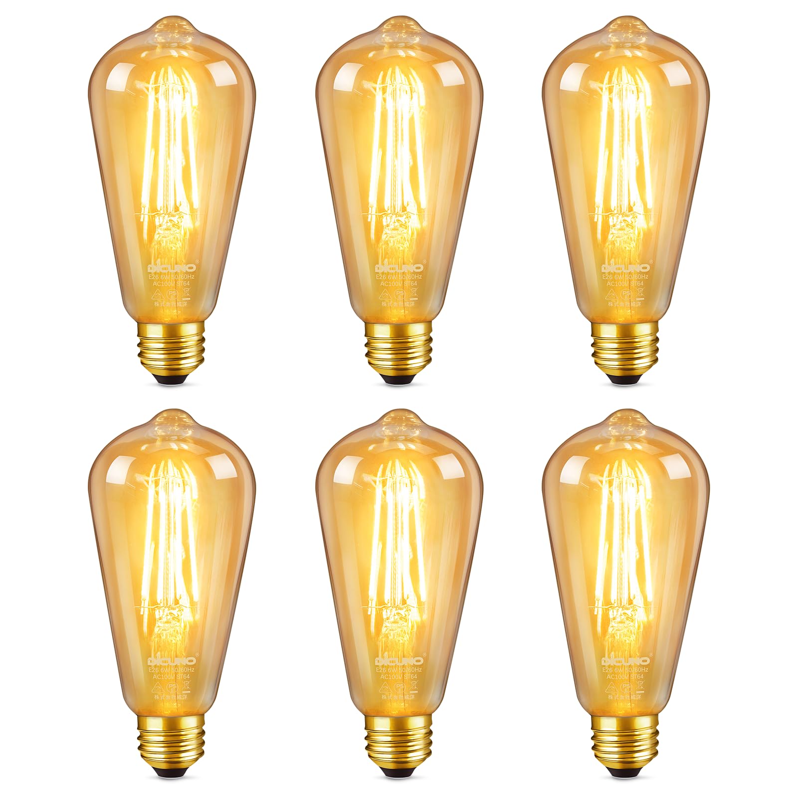 樂天商城 - DiCUNO LED電球 E26口金 60W形相当 電球色 エジソン電球 6W 600lm 2700K フィラメント電球 茶色 レトロ 全方向 ST64 調光器非対応 6個入