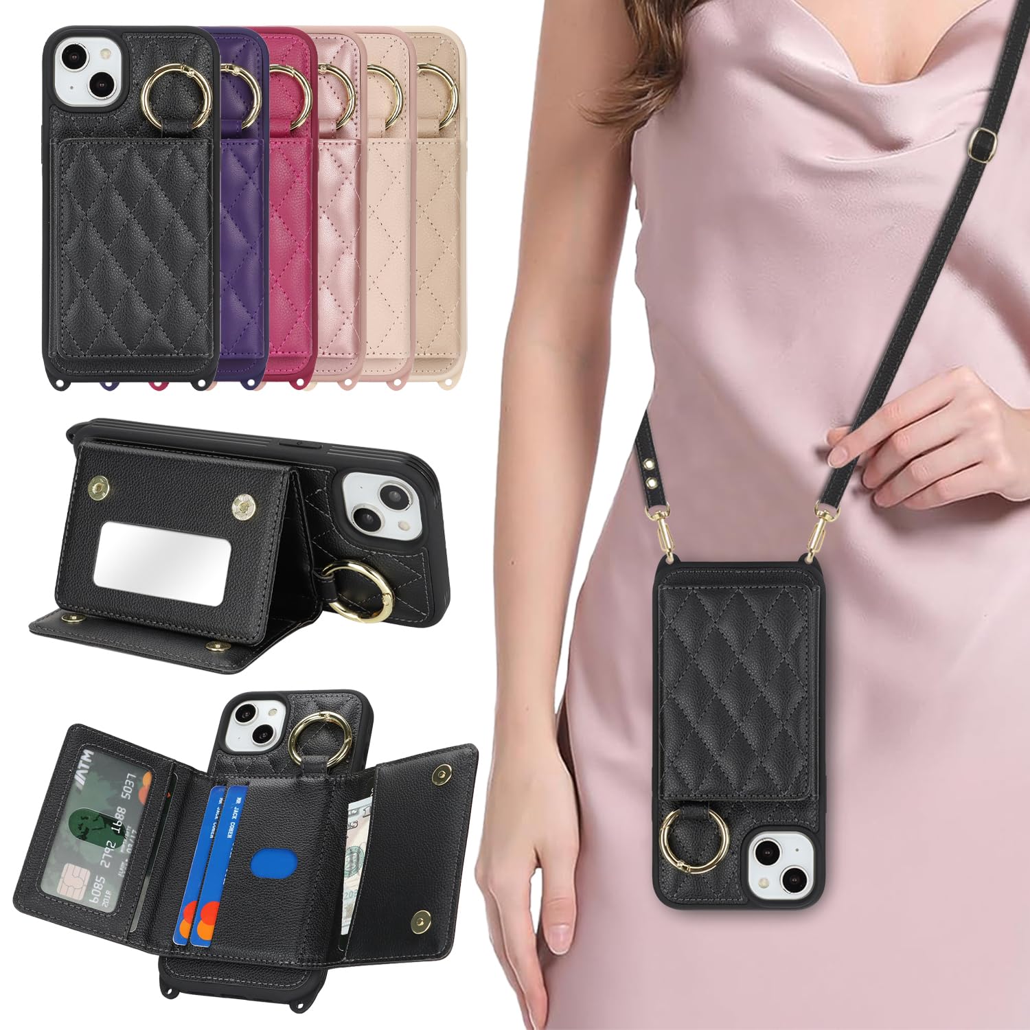 樂天商城 - DEYHU 対応 iPhone 15 Plus ケース ショルダー いphone15 Plus ケース カード収納 鏡 肩掛け 斜めかけ スマホショルダー アイフォン15 Plus ストラップ付き 耐衝撃 調節可能な 携帯ケース - ブラック