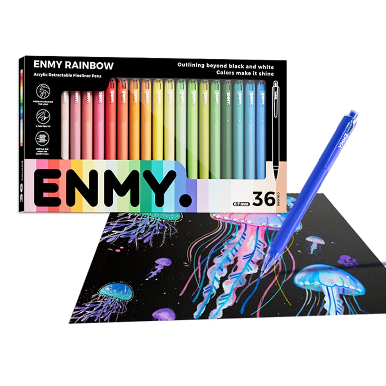ENMY 36色セット極細ペン 0.7mm 細字 アクリルファイナーライナー 線描 黒い紙に書ける 水性 勾線 美術 漫画 カラー 手帳 塗り絵（楽天・VanVenus）