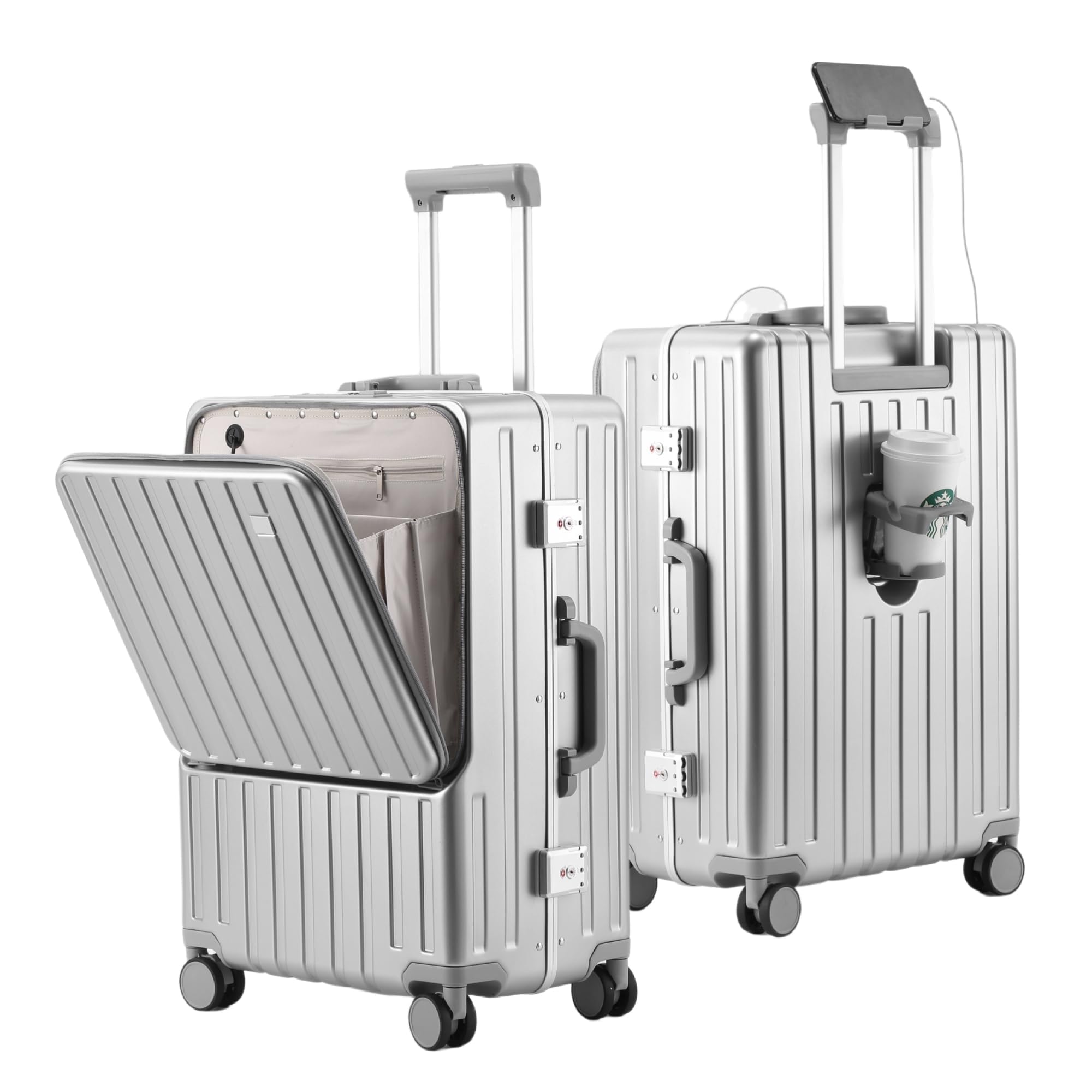 [Yuweijie] スーツケース フロントオープン 機内持ち込み usbポート付き キャリーケース パソコン収納ポケット 人気 かわいいキャリーバッグ カップホルダー付き アルミフレームタイプ ハード 前開き 荷物フック 携帯電話ホルダー付き 充電機能付