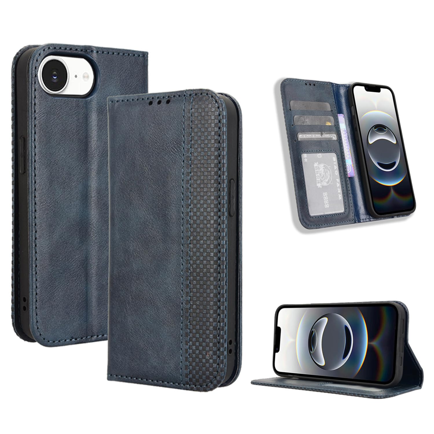 対応 iPhone 16e ケース 手帳型 iPhone16e 手帳型ケース iPhone 16e カバー 手帳型 PUレザー カード収納 財布型 軽量 耐衝撃 ケース マグネット スマホケース 横置き機能 (ダークブルー)