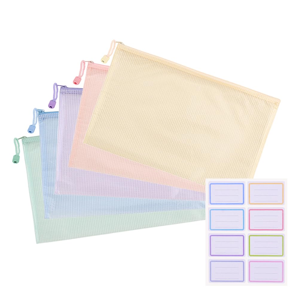 Rakuten - ESJNNK ジッパー式ファイル袋 5色セット A4 ジッパー付き袋 書類ケース 連絡袋 クリア 小学生 メッシュファイルバッグ 書類整理 小物分類 学習用 仕事用 (A6)