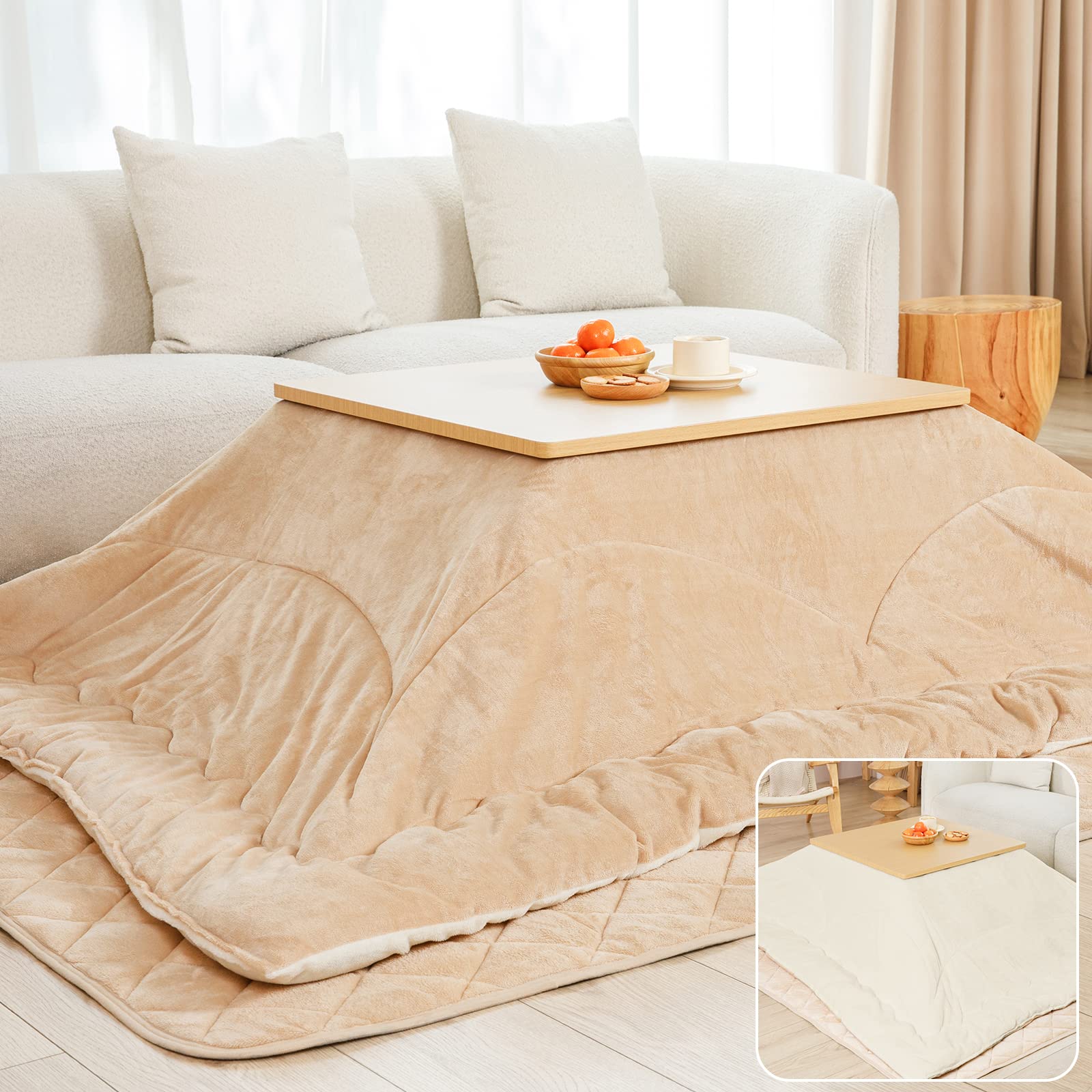 Vamcheer こたつ布団 正方形 掛け敷きセット 約190x190cm リバーシブル こたつ掛け布団 敷き布団 2点セット 両面使える 厚掛け 厚手 あったか フランネル ふわふわ 冬用 洗える 静電気防止 毛抜けない (ベージュ・アイボリー)