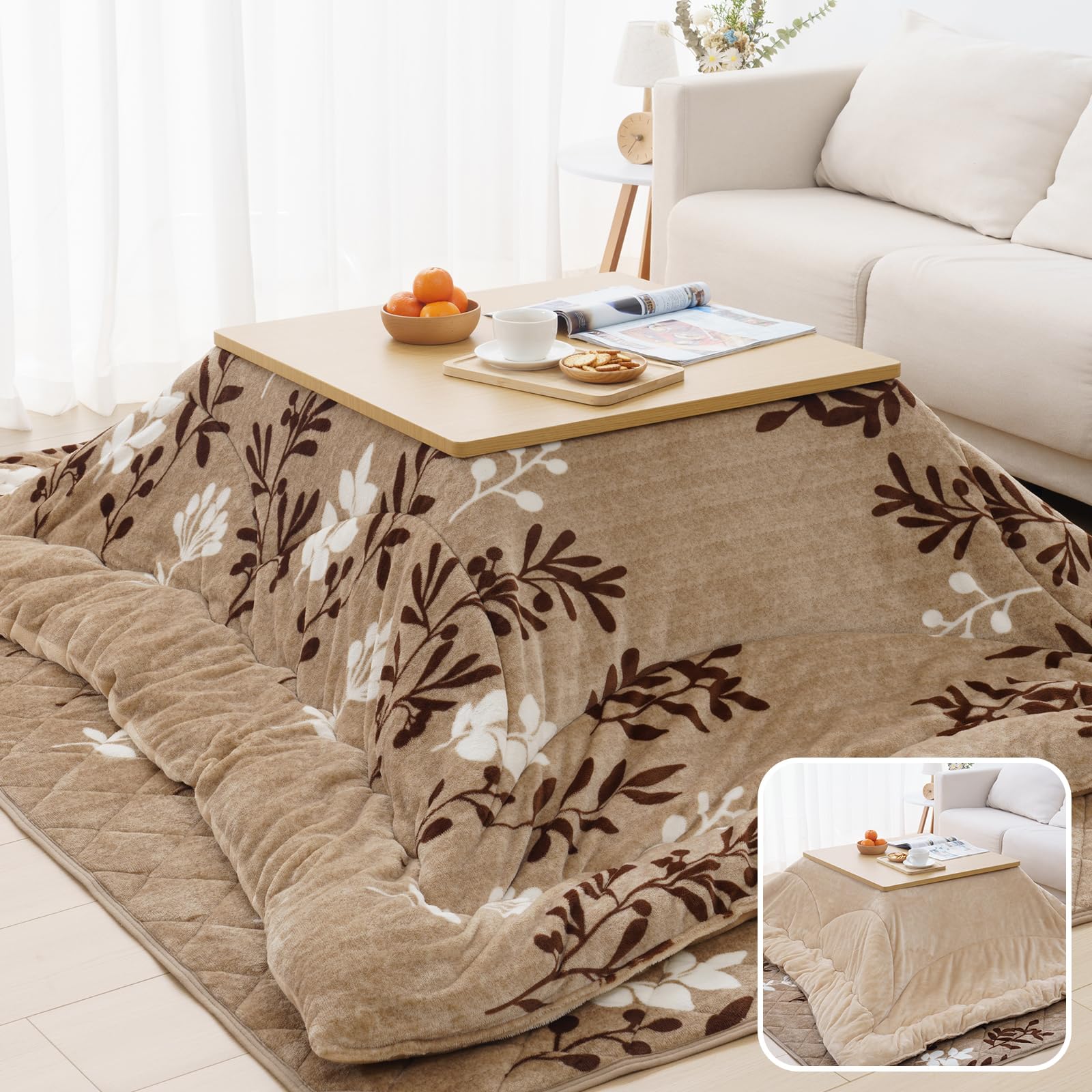 Vamcheer こたつ布団 正方形 掛け敷きセット 約190x190cm リバーシブル こたつ掛け布団 敷き布団 2点セット 両面使える 厚掛け 厚手 あったか フランネル ふわふわ 冬用 洗える 静電気防止 毛抜けない (木の葉・ベージュ)