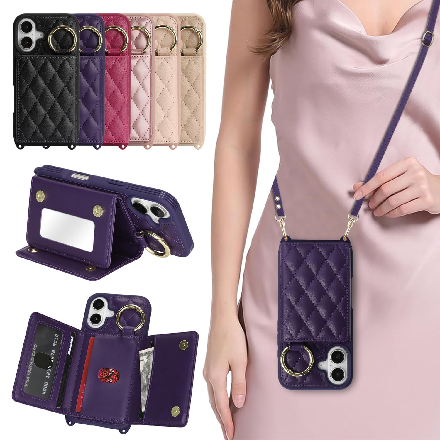 樂天商城 - DEYHU 対応 iPhone 16 ケース ショルダー いphone16 ケース カード収納 鏡 肩掛け 斜めかけ スマホショルダー アイフォン16 ストラップ付き 耐衝撃 調節可能な 携帯ケース - ダークパープル