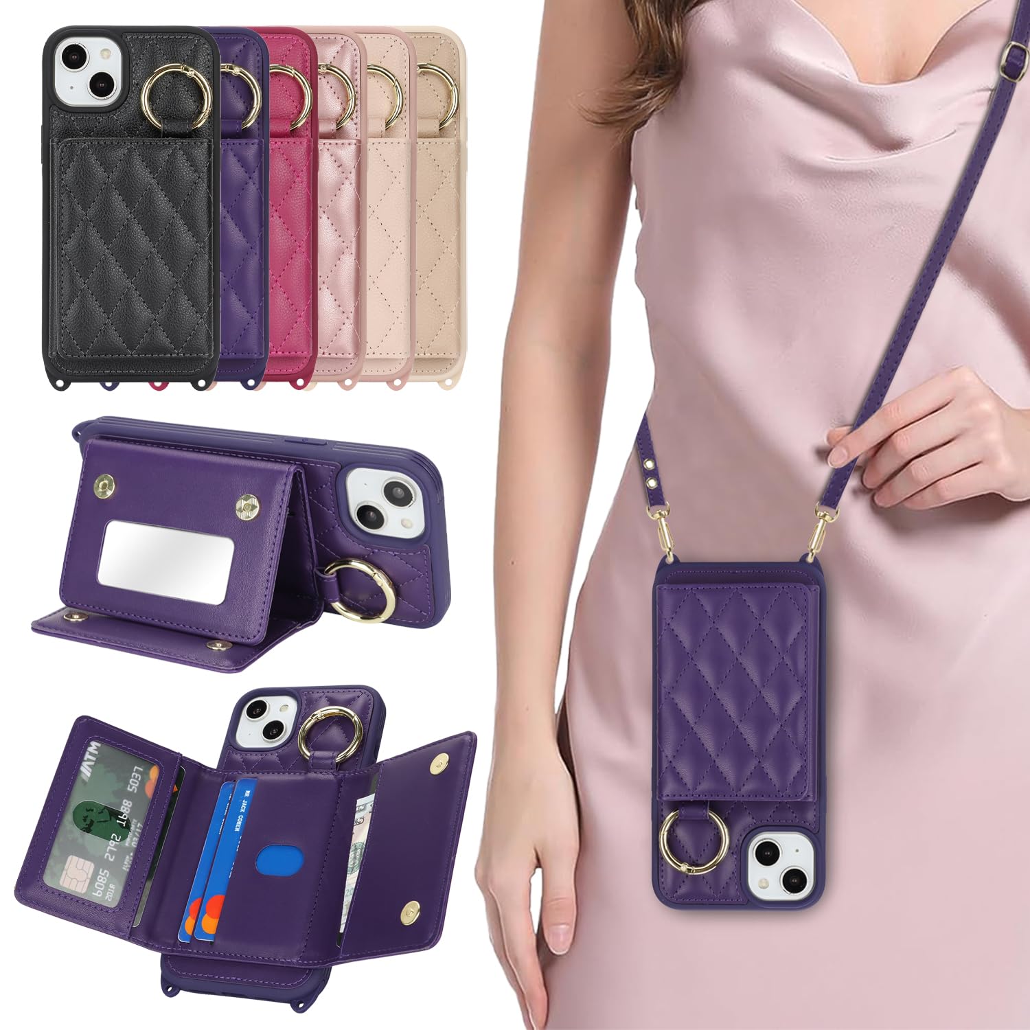 樂天商城 - DEYHU 対応 iPhone 15 Plus ケース ショルダー いphone15 Plus ケース カード収納 鏡 肩掛け 斜めかけ スマホショルダー アイフォン15 Plus ストラップ付き 耐衝撃 調節可能な 携帯ケース - ダークパープル