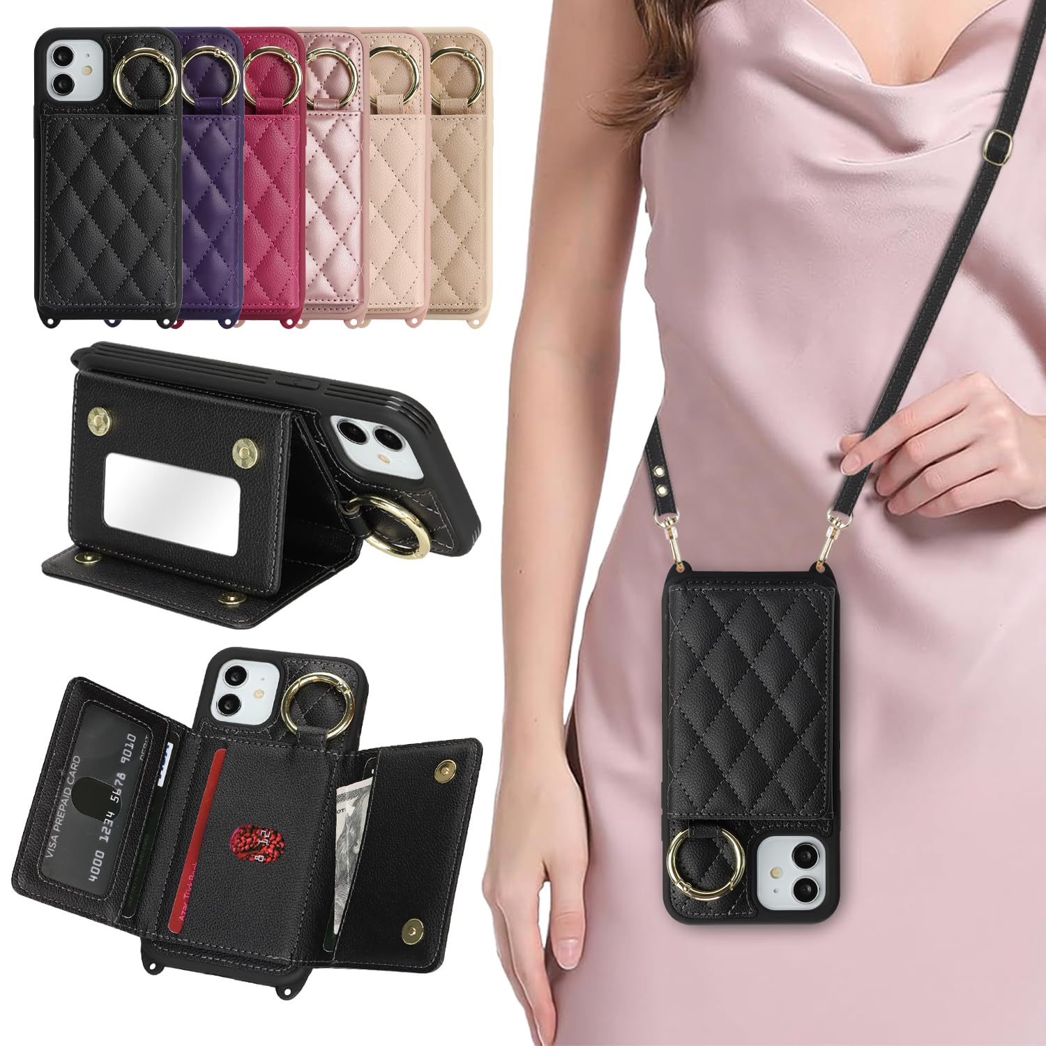 DEYHU 対応 iPhone 12 ケース ショルダー いpほね12ケース カード収納 鏡 肩掛け 斜めかけ スマホショルダー アイフォン12 pro ストラップ付き 耐衝撃 調節可能な 携帯ケース - ブラック