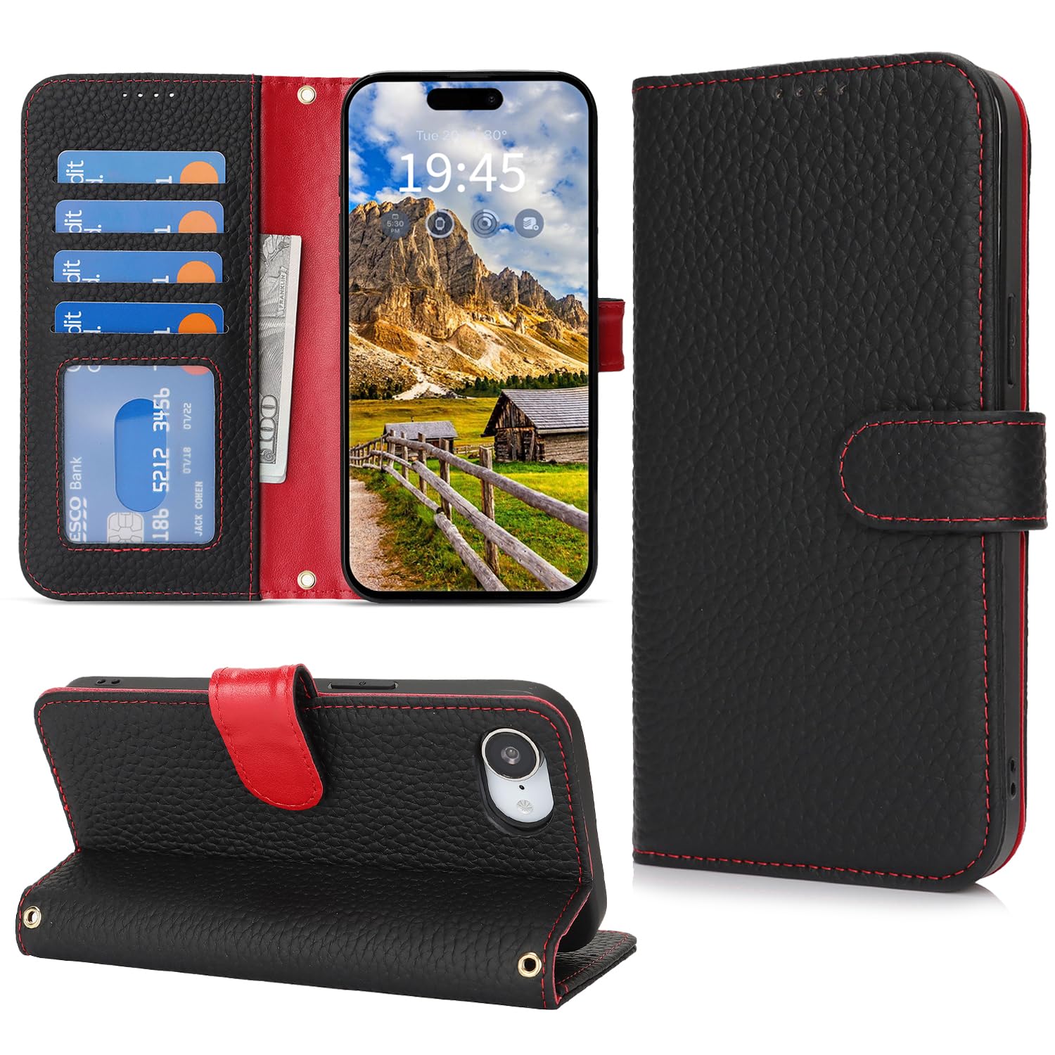 樂天商城 - DEYHU 対応 iPhone 16e ケース 手帳型 カード収納 あいふおん16eケース 本革 大容量 耐衝撃 スタンド機能 アイフォン16e ケース 手帳型 いPhone 16e レザー カバー 黒と赤