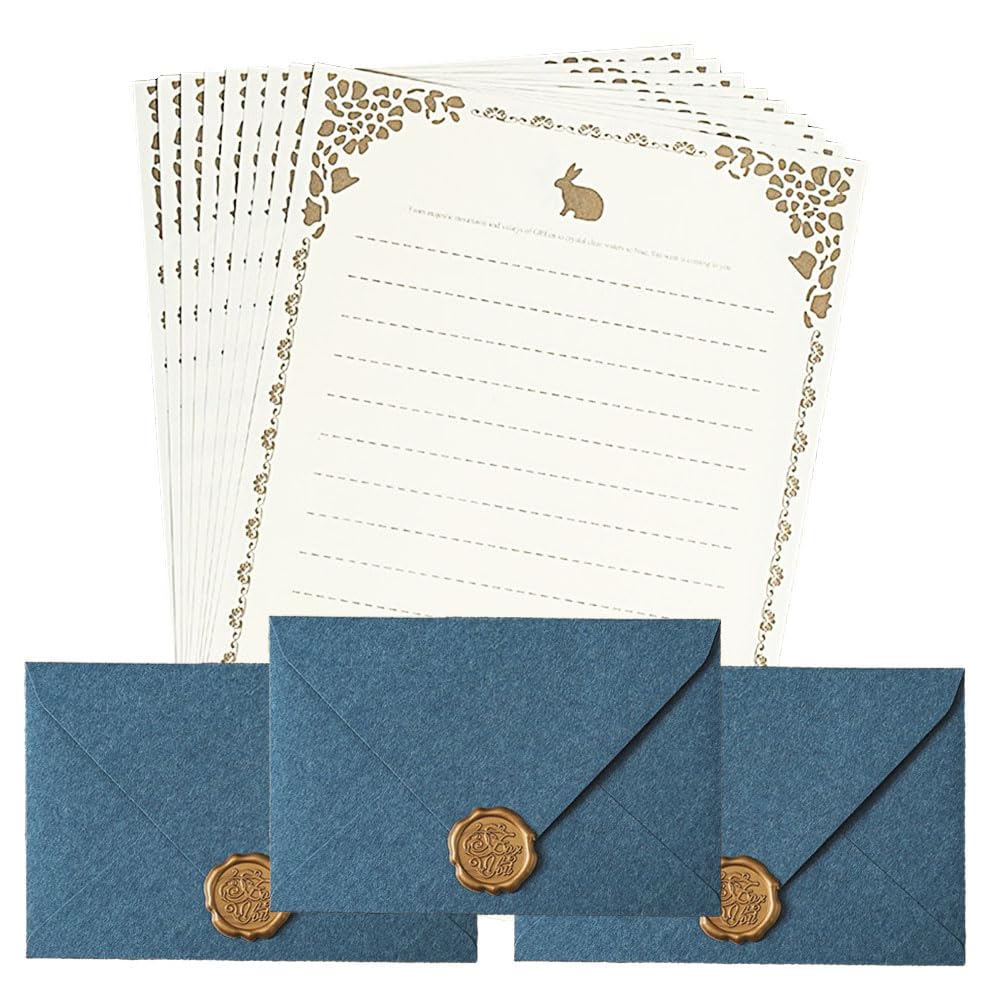樂天商城 - ESJNNK レターセット 封筒3枚 便箋10枚 シール3枚 手紙おしゃれ 便箋 おしゃれ メッセージカード 封筒 手紙 シンプル 誕生日 結婚式 招待状 お祝い手紙 お礼状用 ヴィンテージ風手紙セット (ブルー)