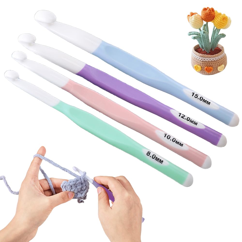 ESJNNK かぎ針 4個セット 8mm 10mm 12mm 15mm ジャンボかぎ針 TPRグリップ ABSフックヘッド 人間工学に基づいた 快適グリップ 初心者向け 編み物道具 セーター スカーフ DIY 手作り用