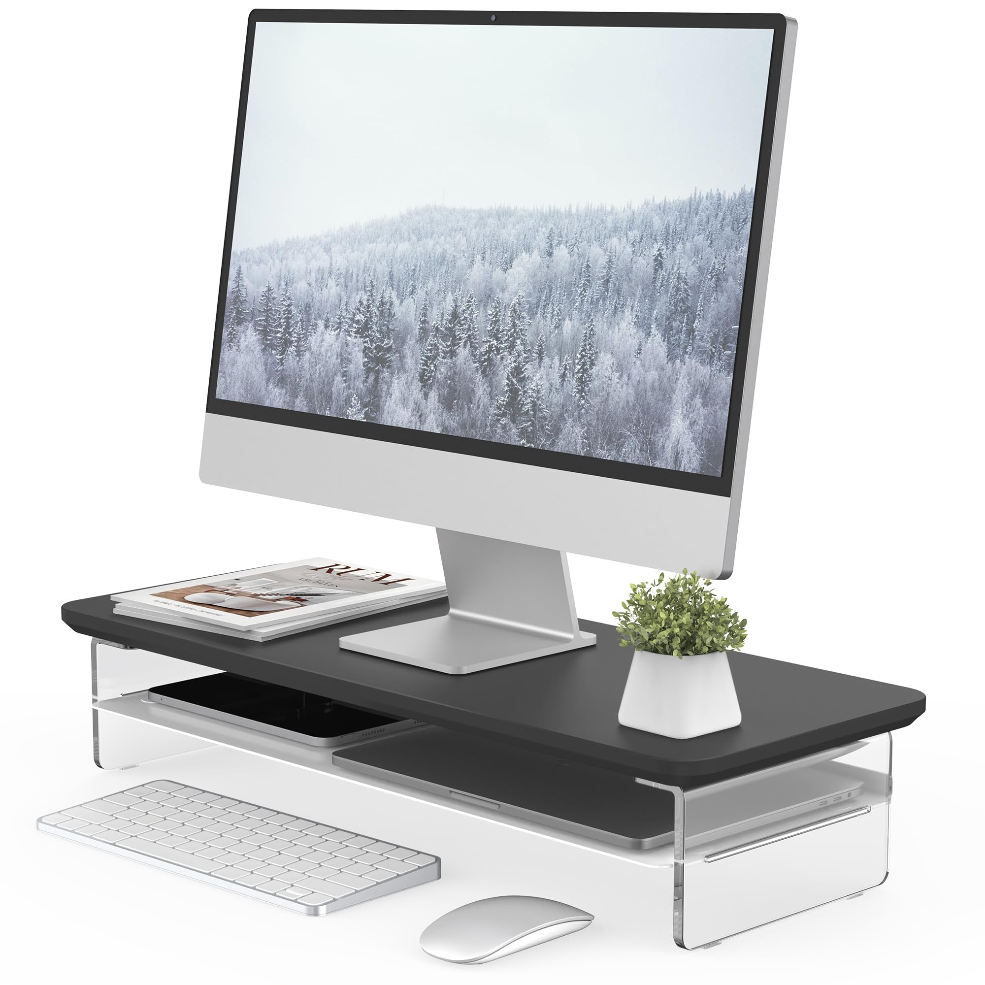Rakuten - Fenge モニター台 モニタースタンド 卓上 机上台 パソコン台 PC台 机上ラック 60cm横幅 2段 木製天板 アクリル製脚 デスクトップ用 机上 モニタースタンド 机上台 pcモニター台 パソコンラック 卓上 収納 整理整頓 ブラックG04Y206