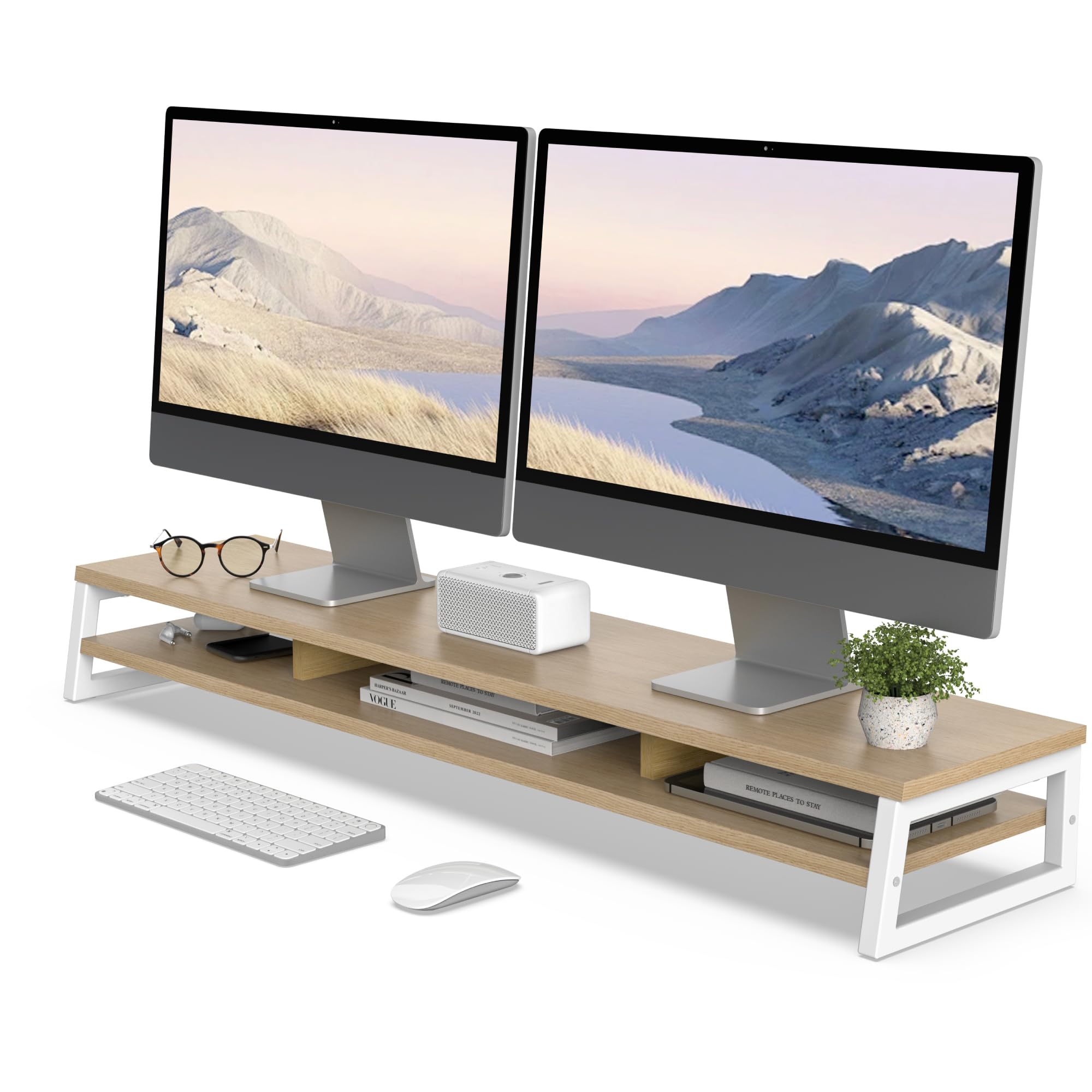 樂天商城 - Fenge モニター台 卓上 デスクシェルフ モニタースタンド パソコン台 2段 木製 幅108cm pc台 机上台 デュアルモニター 台 机上ラック 卓上台 デスク周り収納 ディスプレイ 台 (オーク&白)