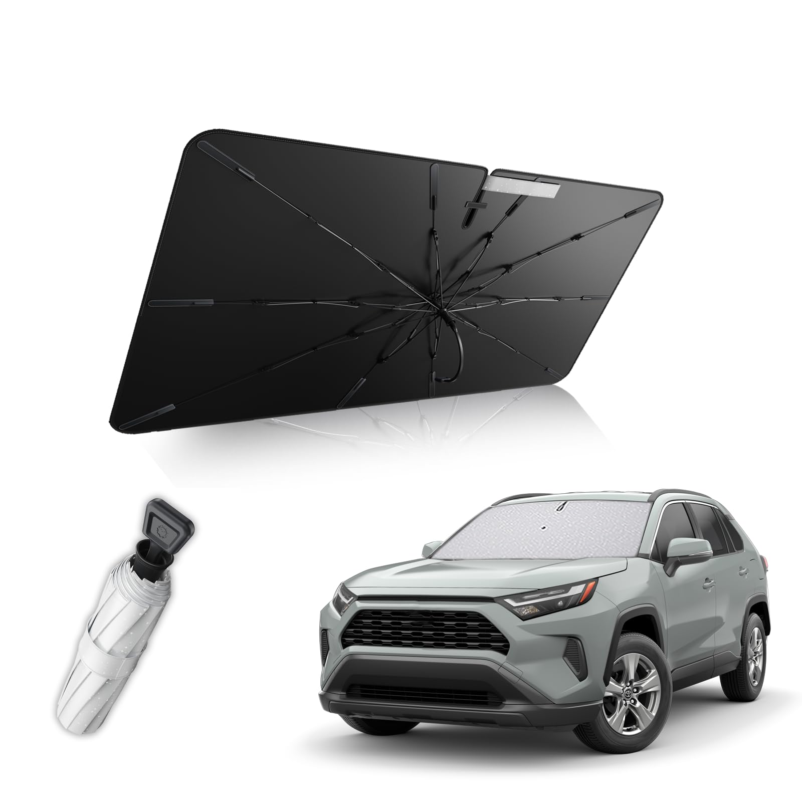 2025 強化10本骨 トヨタ RAV4 専用 フロントガラス サンシェード 傘 日除け 10cm露先が折れる可能 ラブ4 傘型サンシェード 遮光断熱 360°回転傘柄 uvカット 暑さ対策 車中泊 擦り傷防止 インテリア保護 RAV4 アクセサリー 収納