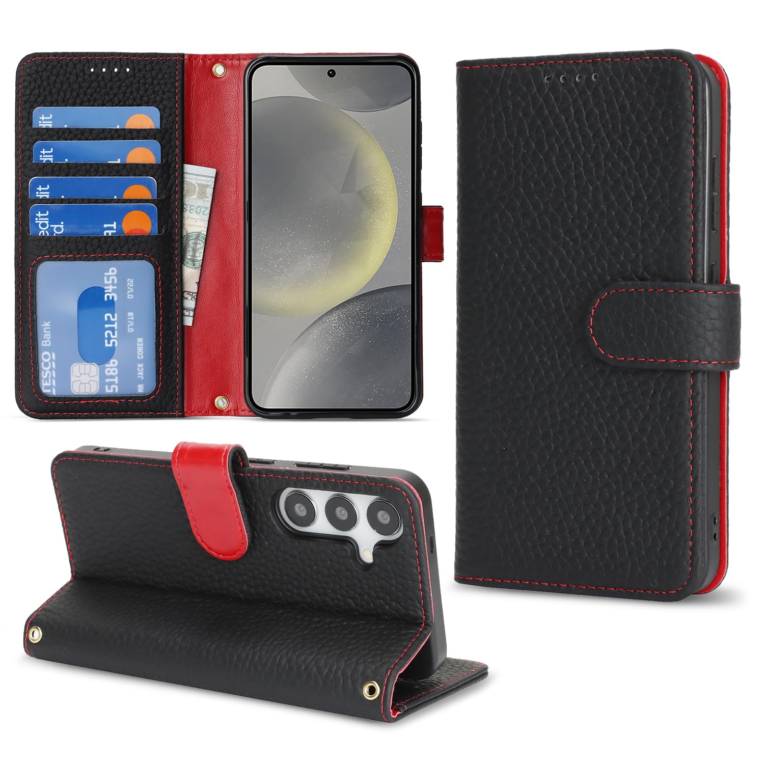 樂天商城 - DEYHU 対応 Galaxy S24 ケース 手帳型 ギャラクシーS24 ケース 本革 カード収納 スタンド機能 ギャラクシーS24 / SC-51E / SCG25 スマホケース 大容量 財布型 耐衝撃 レザー カバー 黒と赤