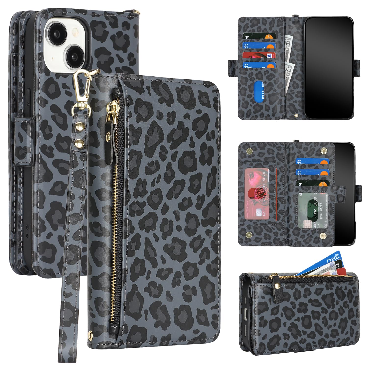 樂天商城 - DEYHU 対応 いphone14 ケース 手帳型 ジッパー式 カード収納 iphone 13 ケース ファスナー 財布型 大容量 耐衝撃 小銭入れ アイフォン14 カバー スタンド機能 フェイクレザー 携帯ケース - ブラック ヒョウ柄