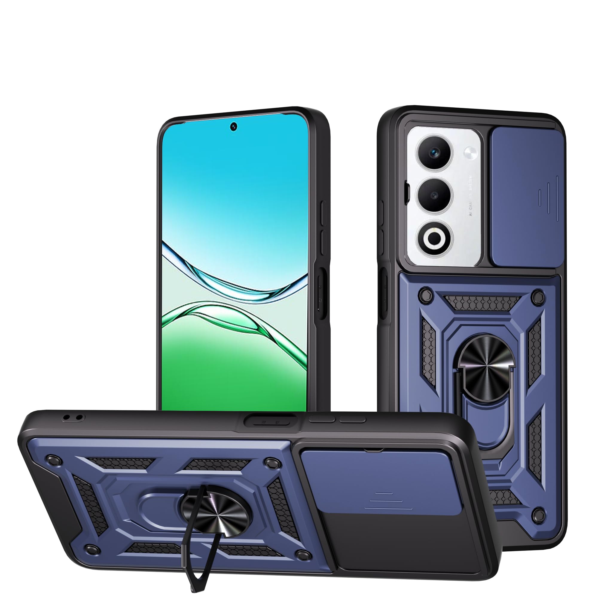 Taosan OPPO A5 5G 対応ケース リング付き TPU+PC 二層構造 耐衝撃 軽量 360度回転 スタンド機能 カメラ保護 傷防止 スマホケース ミッドナイトブルー