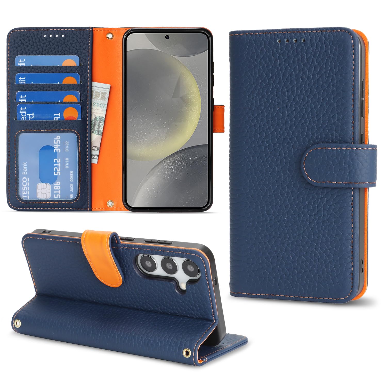 樂天商城 - DEYHU 対応 Galaxy S24 ケース 手帳型 ギャラクシーS24 ケース 本革 カード収納 スタンド機能 ギャラクシーS24 / SC-51E / SCG25 スマホケース 大容量 財布型 耐衝撃 レザー カバー ブルー と オレンジ