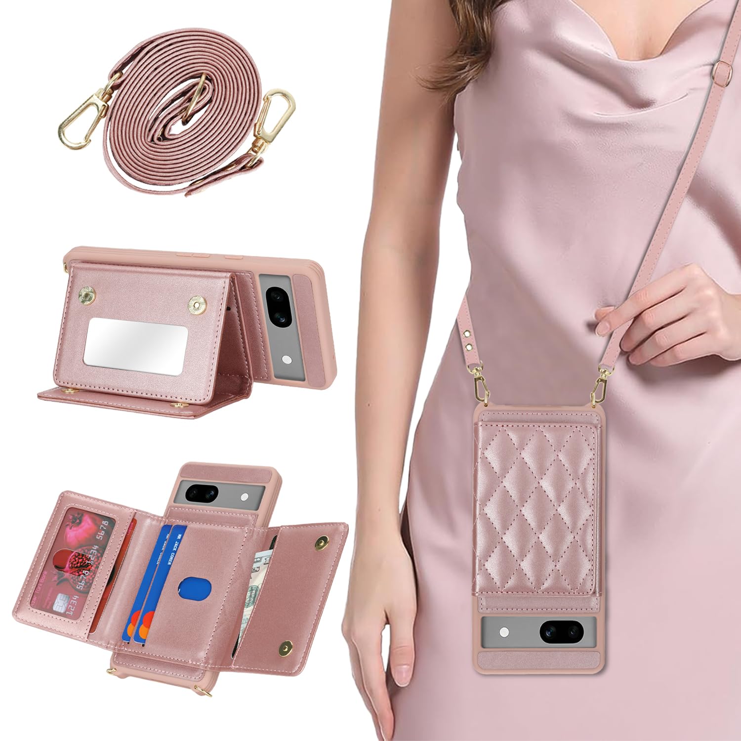 樂天商城 - DEYHU 対応 Google Pixel 7a ケース ショルダー グーグルピクセル7a ケース カード収納 鏡 肩掛け 斜めかけ スマホショルダー ピクセル7a ストラップ付き 耐衝撃 調節可能な 携帯ケース - 濃いピンク