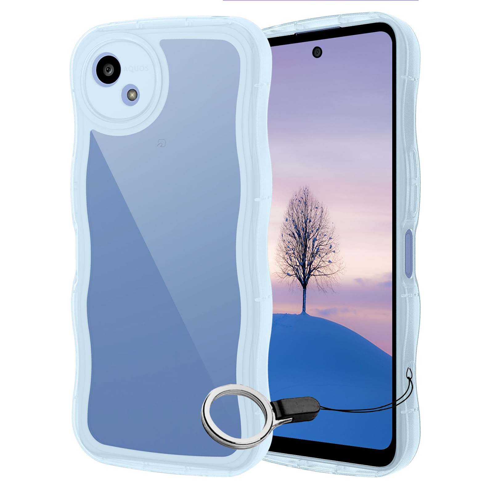 AQUOS wish5 ケース クリアブルー ウェーブ SH-52F TPU波状のバンパー 透明 スマホケース かわいい うねうね アクオス ウィッシュ5 SH-52F ウェーブ デザイン 可愛い 韓国 女性用 薄型 人気 おしゃれ 耐衝撃 ストラップホー