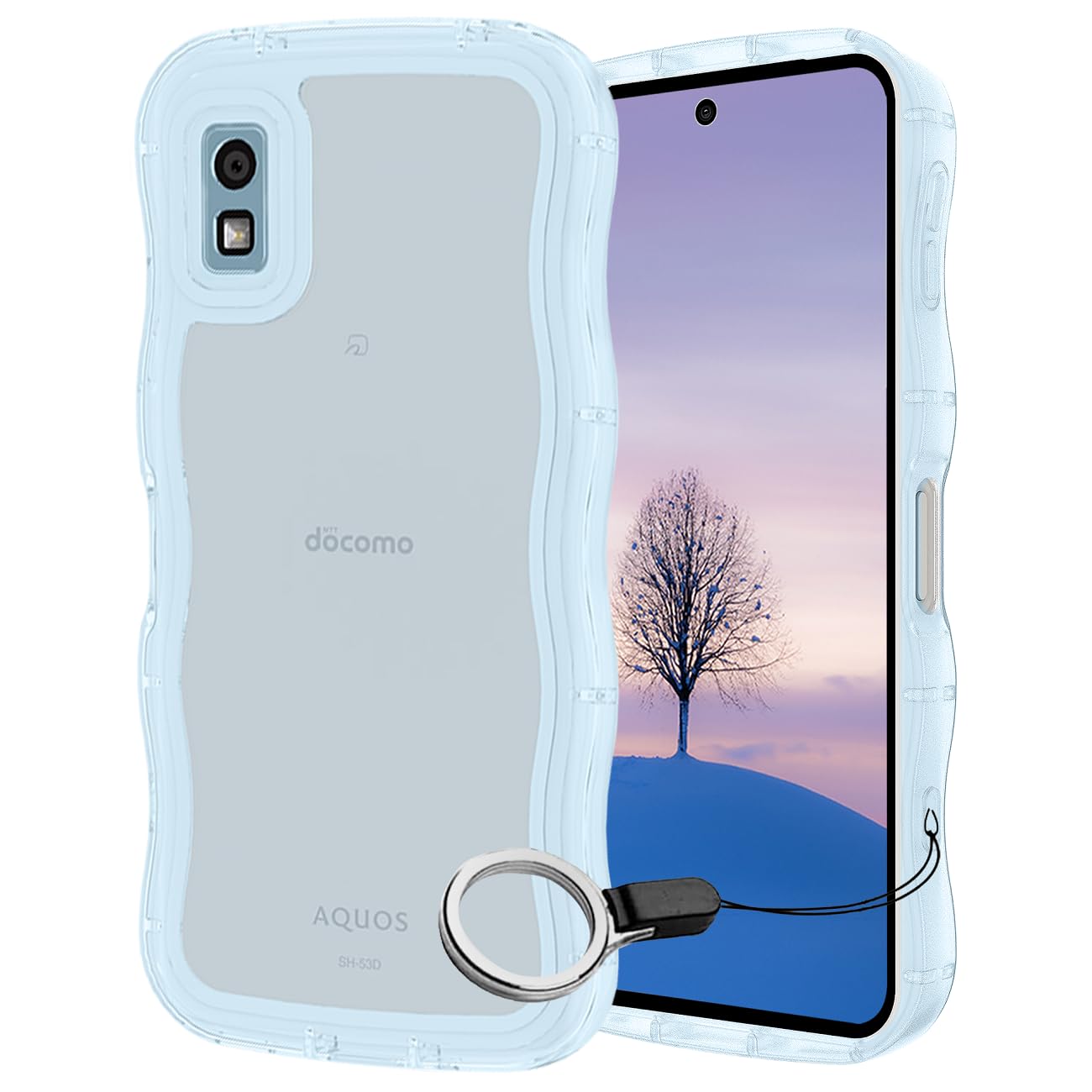 樂天商城 - AQUOS wish3 ケース クリアブルー ウェーブ SH-53D TPU波状のバンパー 透明 スマホケース かわいい うねうね アクオス ウィッシュ3 SH-53D ウェーブ デザイン 可愛い 韓国 女性用 薄型 人気 おしゃれ 耐衝撃 ストラップホー