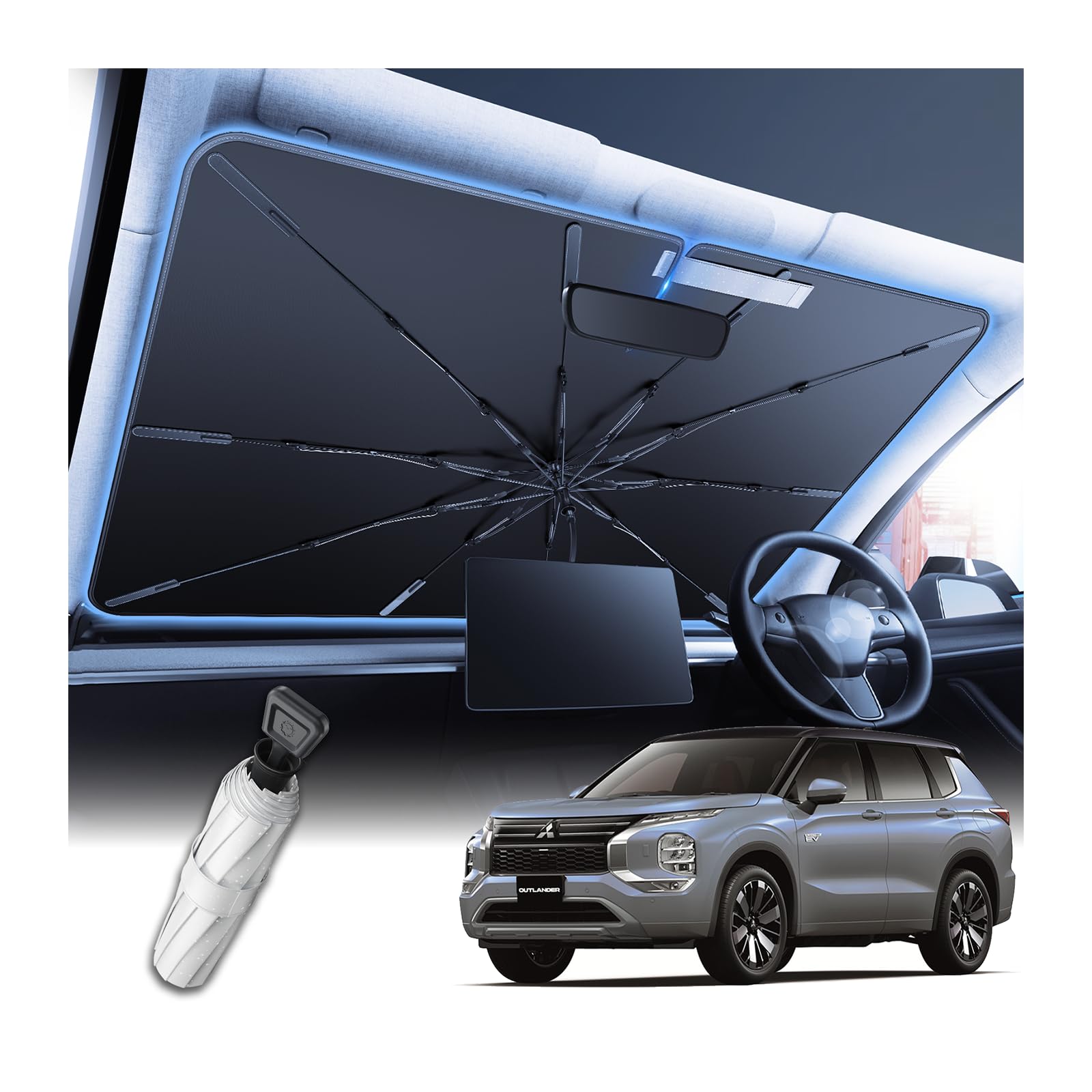 2025 強化10本骨 三菱 アウ卜ランダ一 専用 フロントガラス サンシェード 傘 日除け 10cm露先が折れる可能 GN0W型 傘型サンシェード 遮光断熱 360°回転傘柄 uvカット 暑さ対策 車中泊 擦り傷防止 インテリア保護 三菱 アウ卜ランダ一