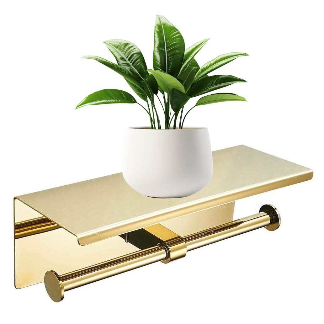 【KWQKEM】トイレットペーパーホルダー 2連 ステンレス 金色 おしゃれトイレっとペーパーホルダー棚付..