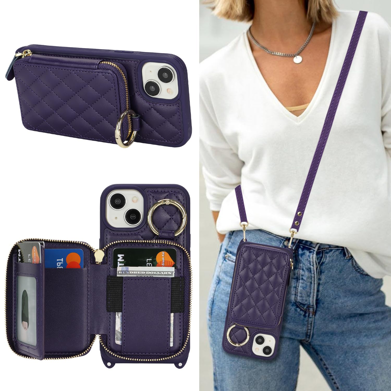 樂天商城 - DEYHU 対応 iPhone 14 ケース ショルダー 背面収納 いphone14 ケース カード収納 肩掛け 斜めかけ スマホショルダー アイフォン13 ストラップ付き 耐衝撃 調節可能な 携帯ケース - ダークパープル