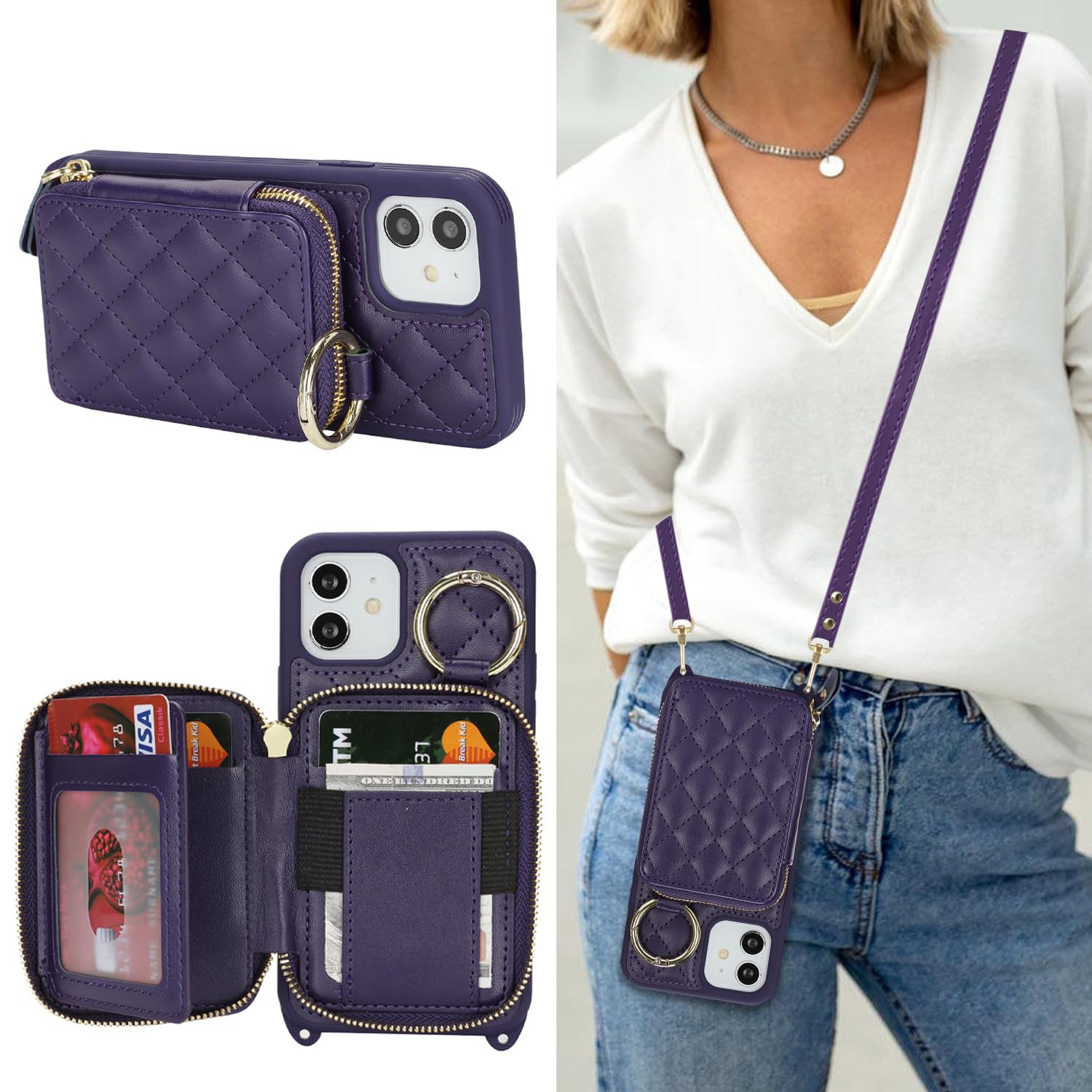 樂天商城 - DEYHU 対応 iPhone 12 ケース ショルダー 背面収納 いphone12 Pro ケース カード収納 肩掛け 斜めかけ スマホショルダー アイフォン12 ストラップ付き 耐衝撃 調節可能な 携帯ケース - ダークパープル