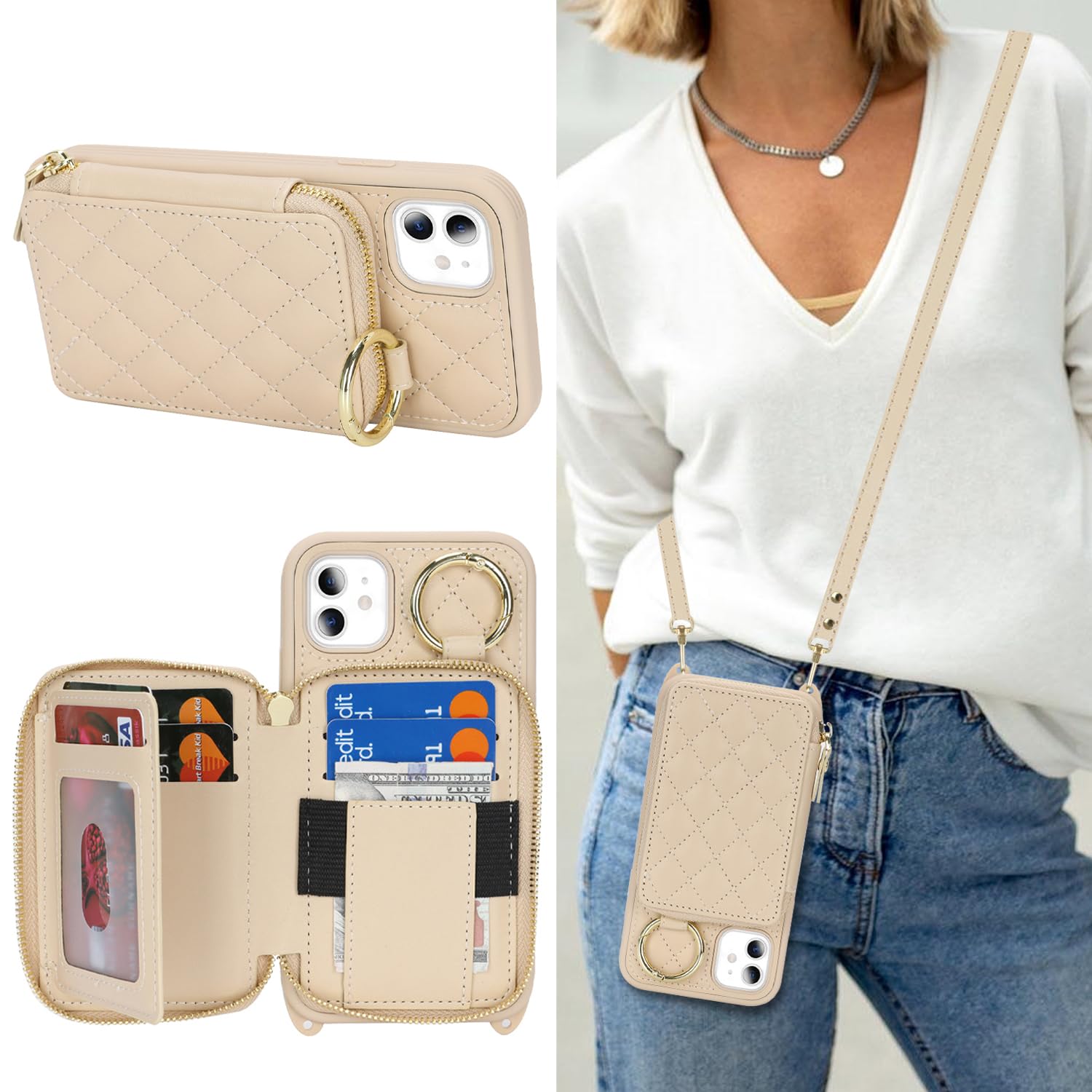 樂天商城 - DEYHU 対応 iPhone 11 ケース ショルダー 背面収納 いphone11 ケース カード収納 肩掛け 斜めかけ スマホショルダー アイフォン11 ストラップ付き 耐衝撃 調節可能な 携帯ケース - オフホワイト