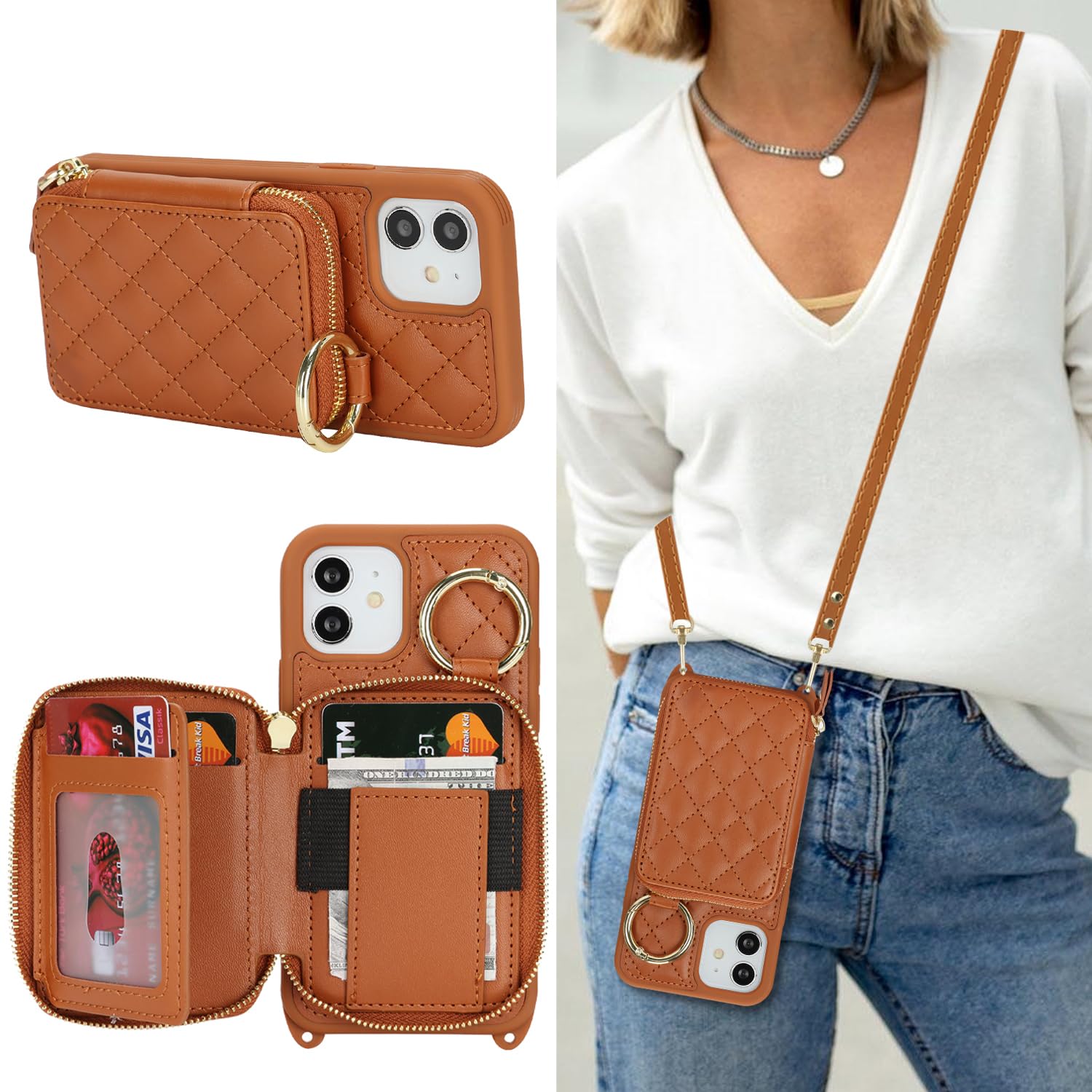 樂天商城 - DEYHU 対応 iPhone 12 ケース ショルダー 背面収納 いphone12 Pro ケース カード収納 肩掛け 斜めかけ スマホショルダー アイフォン12 ストラップ付き 耐衝撃 調節可能な 携帯ケース - ブラウン