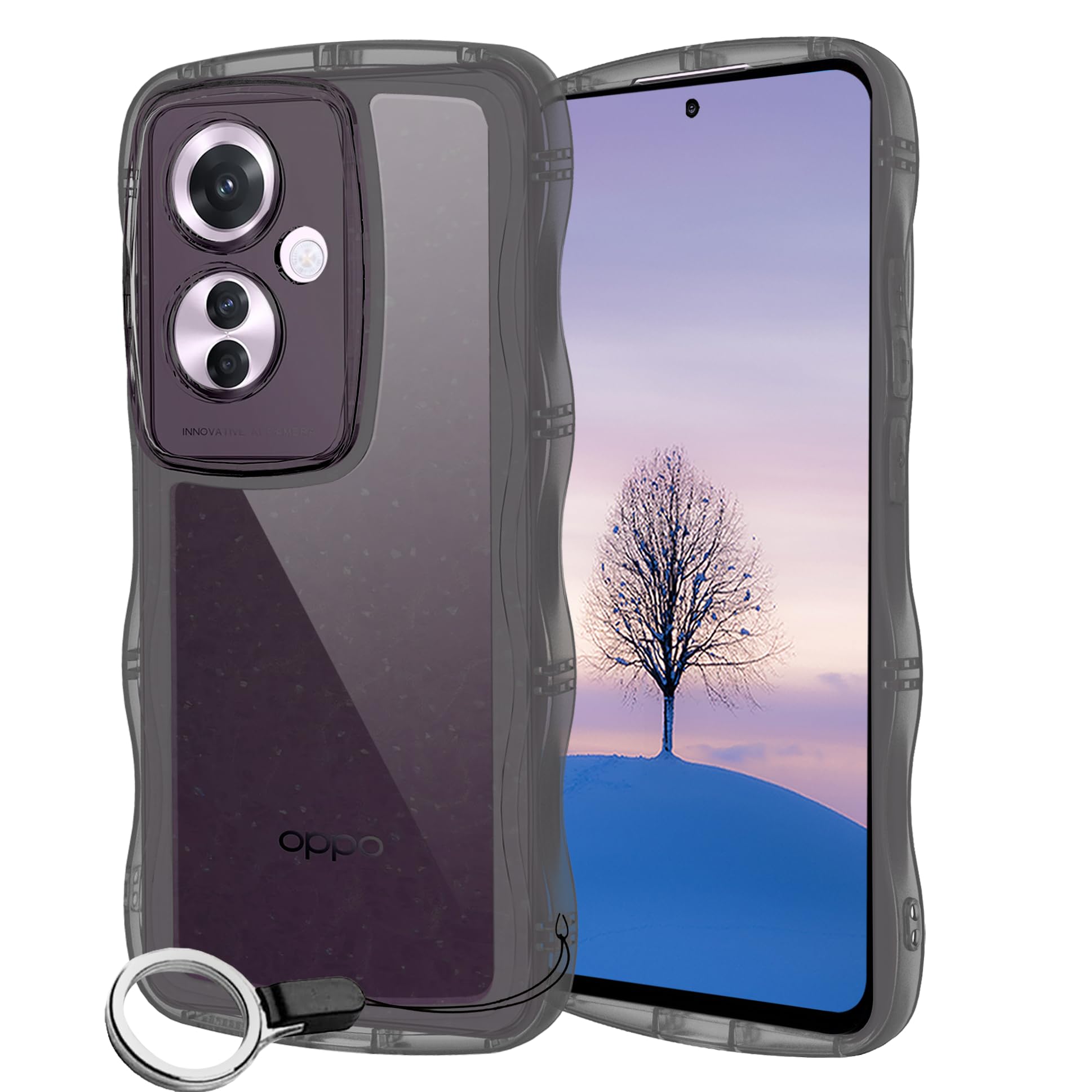 樂天商城 - OPPO Reno11 A ケース クリアブラック ウェーブ TPU波状のバンパー 半透明 スマホケース かわいい うねうね オッポ Reno11A ウェーブ デザイン 可愛い 韓国 女性用 薄型 人気 おしゃれ 耐衝撃 ストラップホール付き(ブラック)