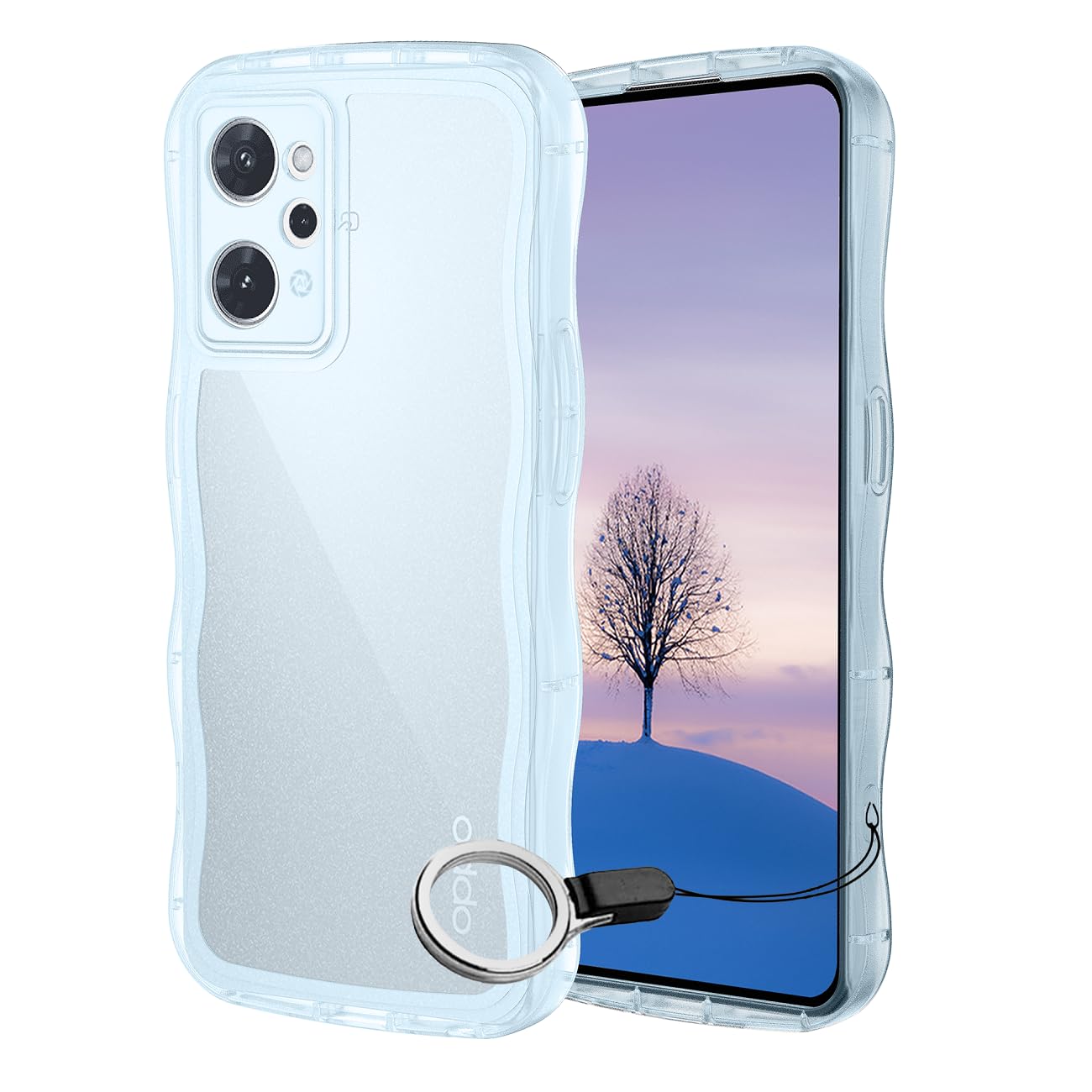 Rakuten - OPPO Reno9 A /Reno7 A ケース ブルー ウェーブ TPU波状のバンパー 透明 スマホケース かわいい うねうね オッポ Reno9 A/7 A ウェーブ デザイン 可愛い 韓国 女性用 薄型 人気 おしゃれ 耐衝撃 ストラップホール付き