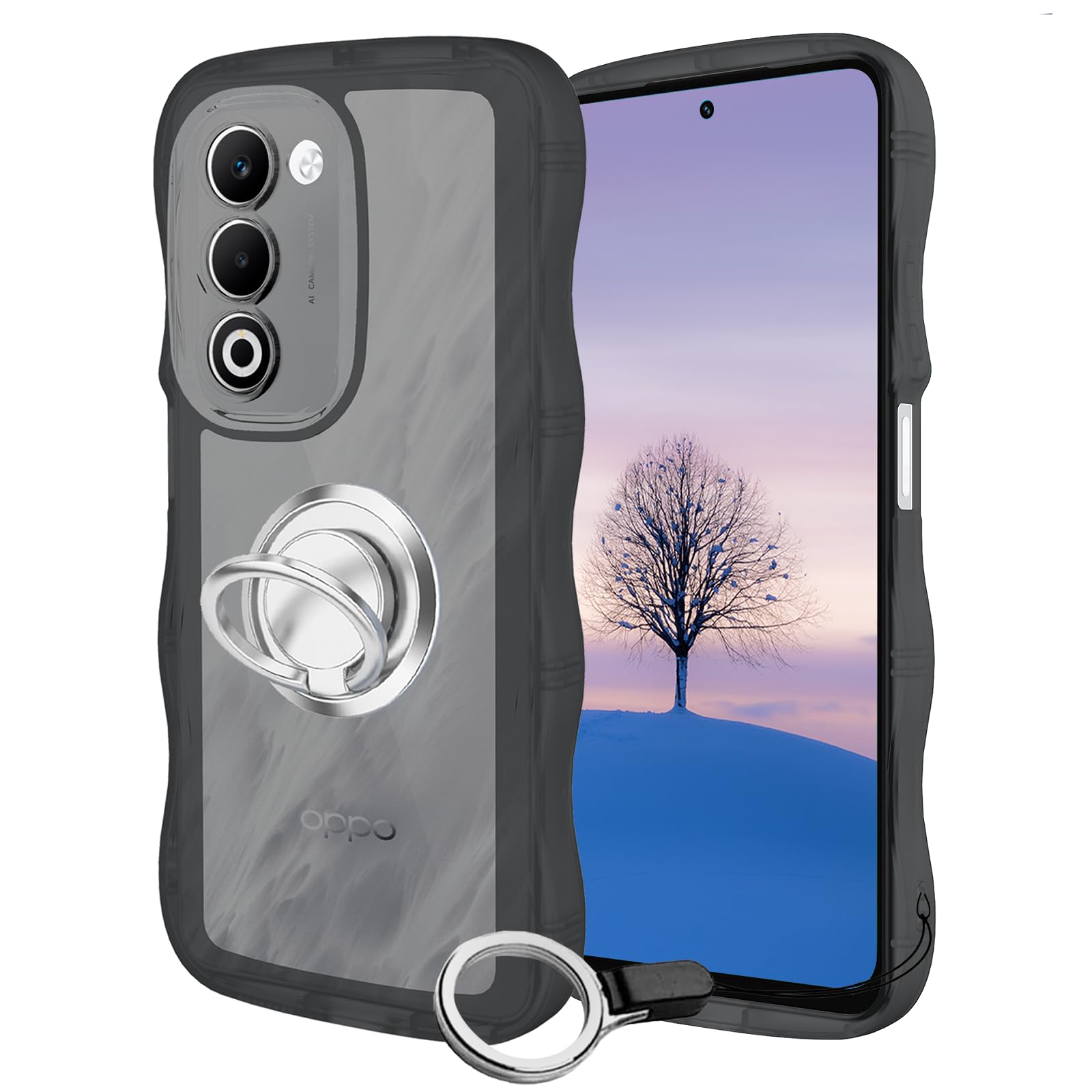 OPPO A5 5G-ケース ブラック ウェーブ リング付き TPU波状のバンパー 半透明 スマホケース かわいい うねうね オッポ A5-5G ウェーブ デザ...