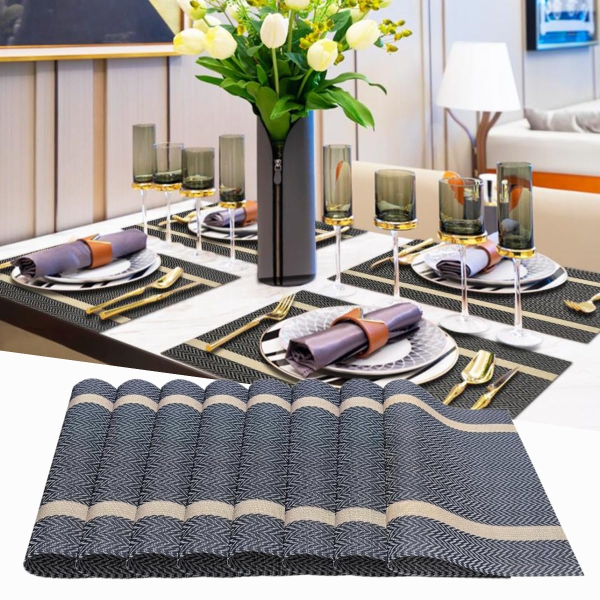 ZUKIDA 北欧風 豪華なプレースマット 8 枚セット、お手入れ簡単、モダンで丈夫、洗えるビニール キッチンテーブル用耐熱プレースマット..