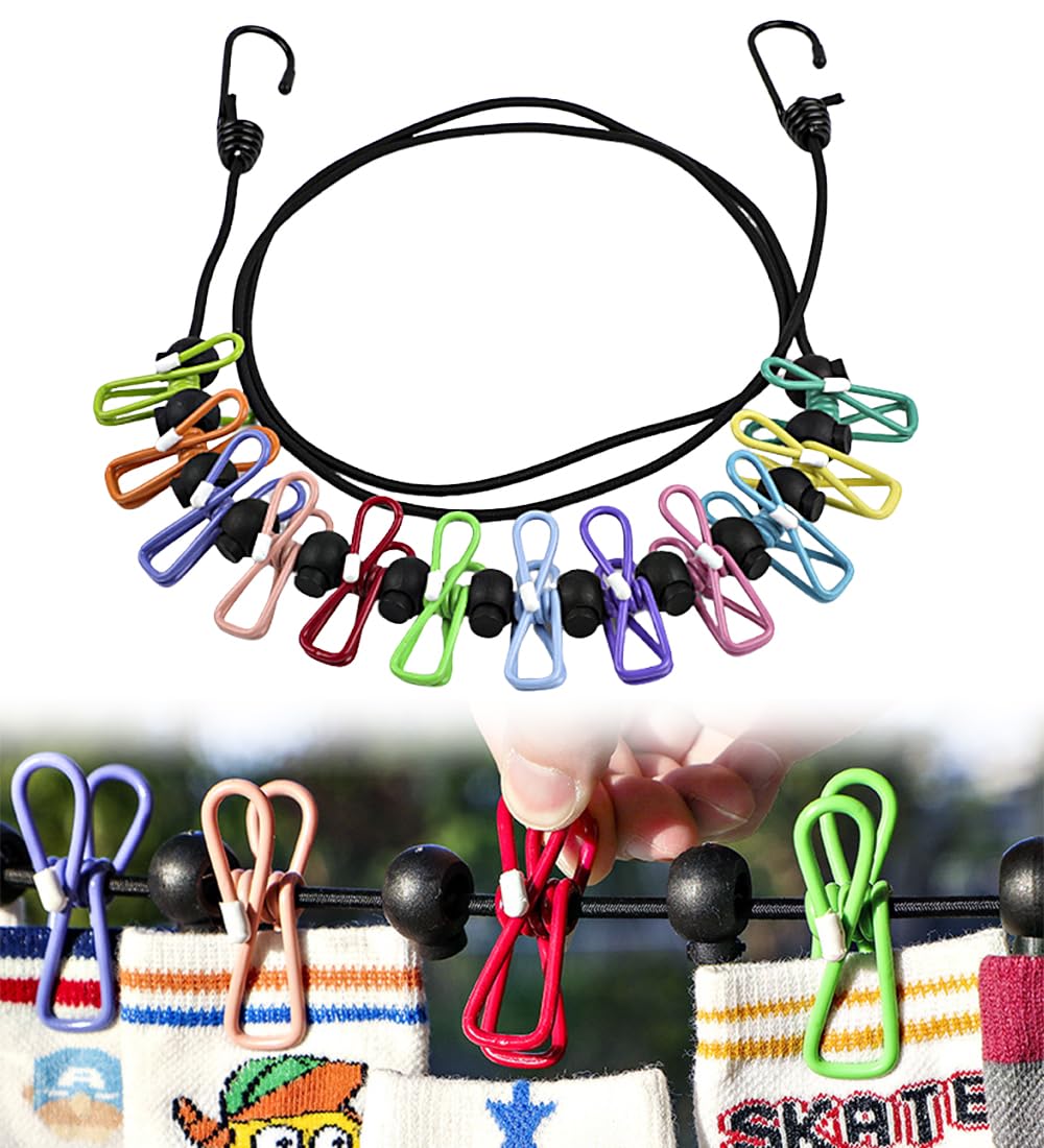 Renjzle 洗濯ロープ 旅行用 物干しロープ 伸縮性 強力クリップ12個付き 防風 旅行・キャンプ・屋外使用に最適 携帯便利 部屋干し 梅雨対策 1.8m (カラフル)