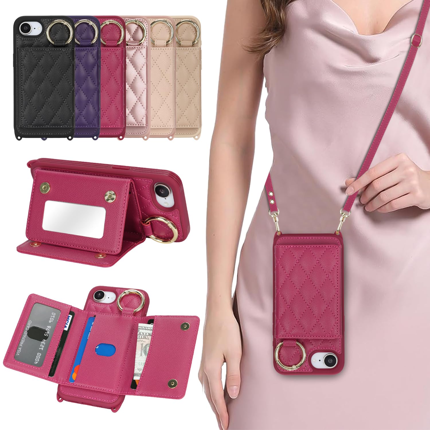 樂天商城 - DEYHU 対応 iPhone 16e ケース ショルダー いphone16e ケース カード収納 鏡 肩掛け 斜めかけ スマホショルダー アイフォン16e ストラップ付き 耐衝撃 調節可能な 携帯ケース - ローズレッド