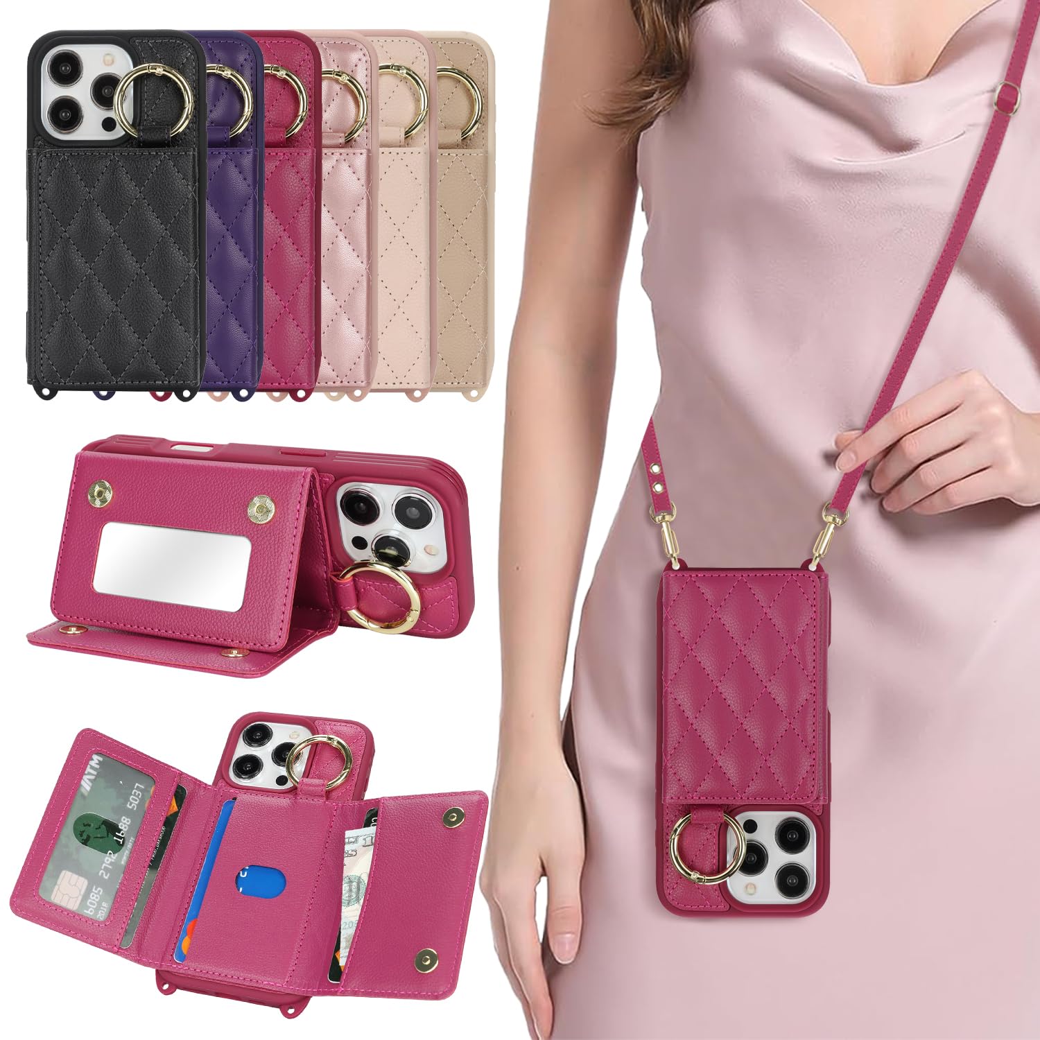 樂天商城 - DEYHU 対応 iPhone 16 Pro ケース ショルダー いphone16 Pro ケース カード収納 鏡 肩掛け 斜めかけ スマホショルダー アイフォン16 Pro ストラップ付き 耐衝撃 調節可能な 携帯ケース - ローズレッド