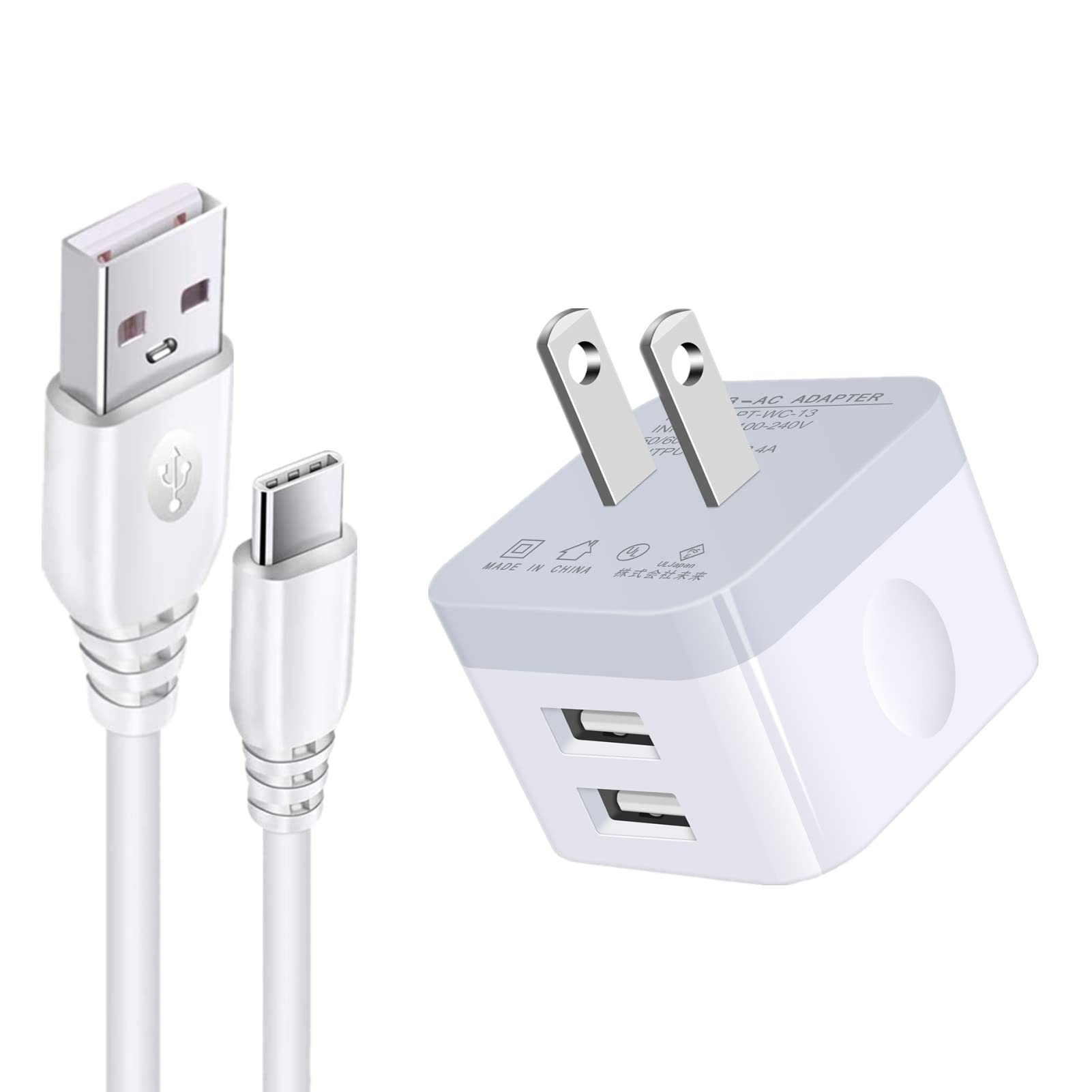 USB充電器 コンセント 横向き2ポート ACアダプター スマホ充電器 Type-Cケーブル付き (1.83m/1本) iPhone/Android/Pixel/Xperia対応 軽量 コンパクト 海外対応 ホワイト