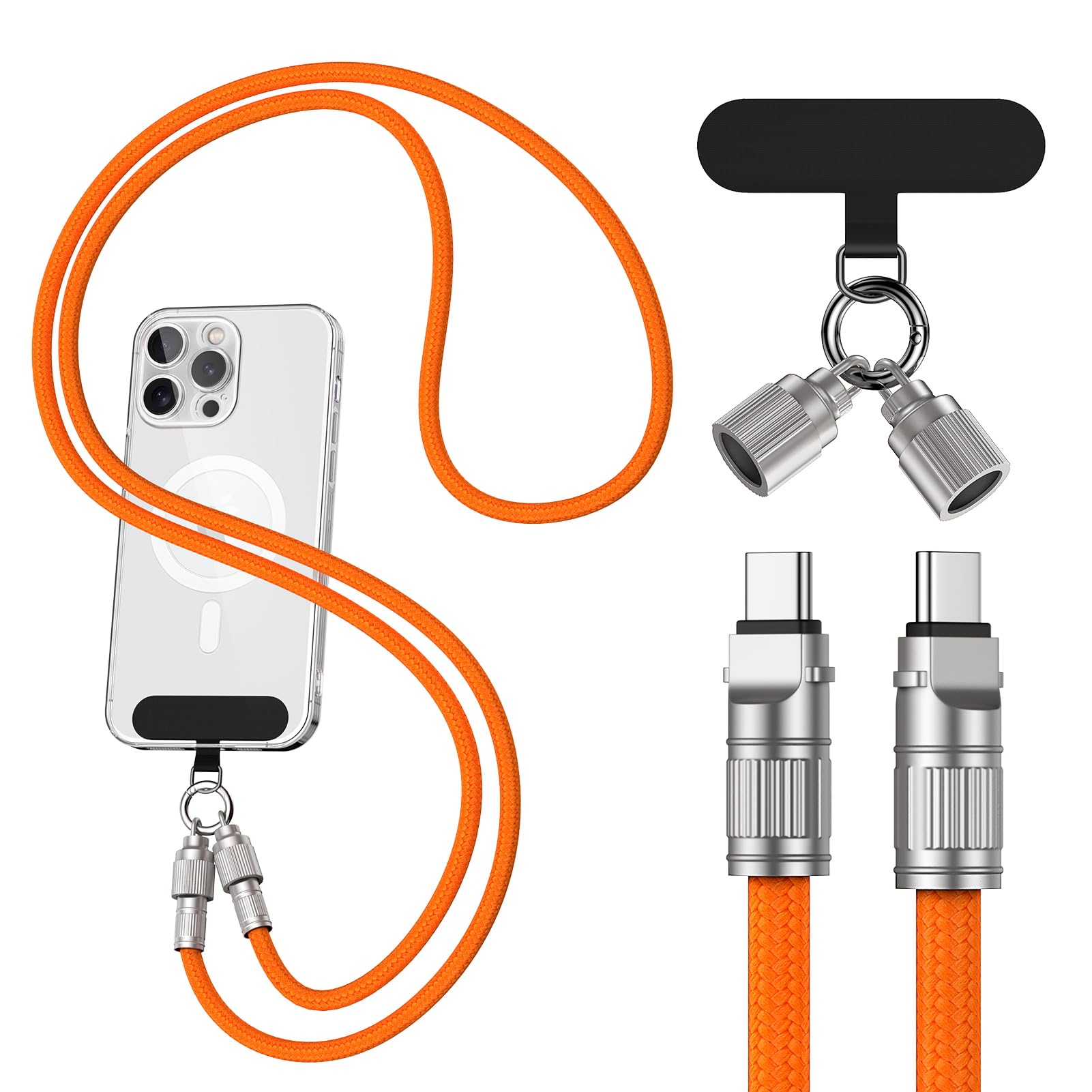 タイプC ストラップ 【60W急速充電】iPhone 16 ケーブル 1.2m*1本 PD対応 充電ケーブル usb c ケーブル MacBook iPad Android対応 ストラップホルダー*1枚 オレンジ